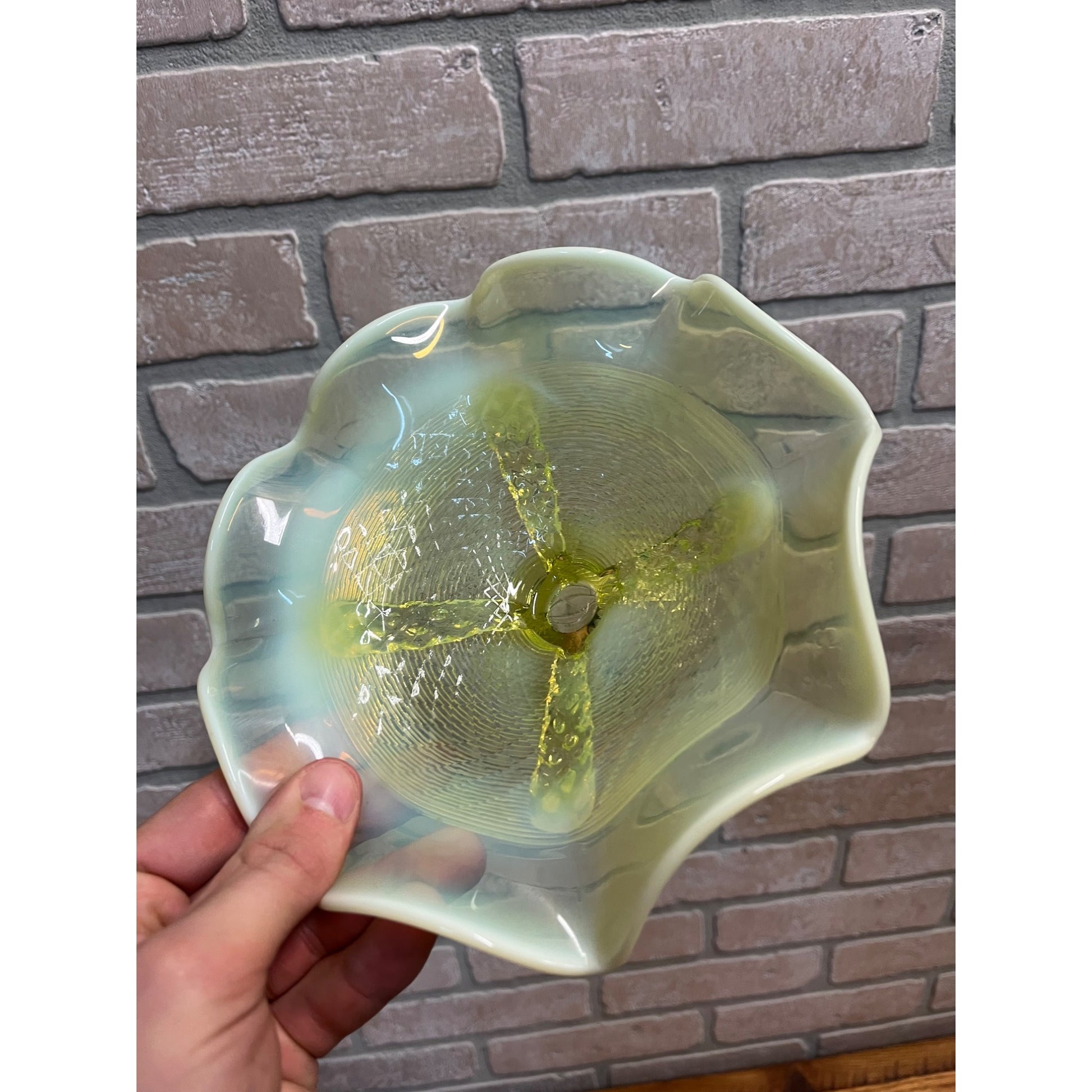 Northwood Opalescent Vaseline Footed Button Panel Ruffled Edge Candy Dish Uranium