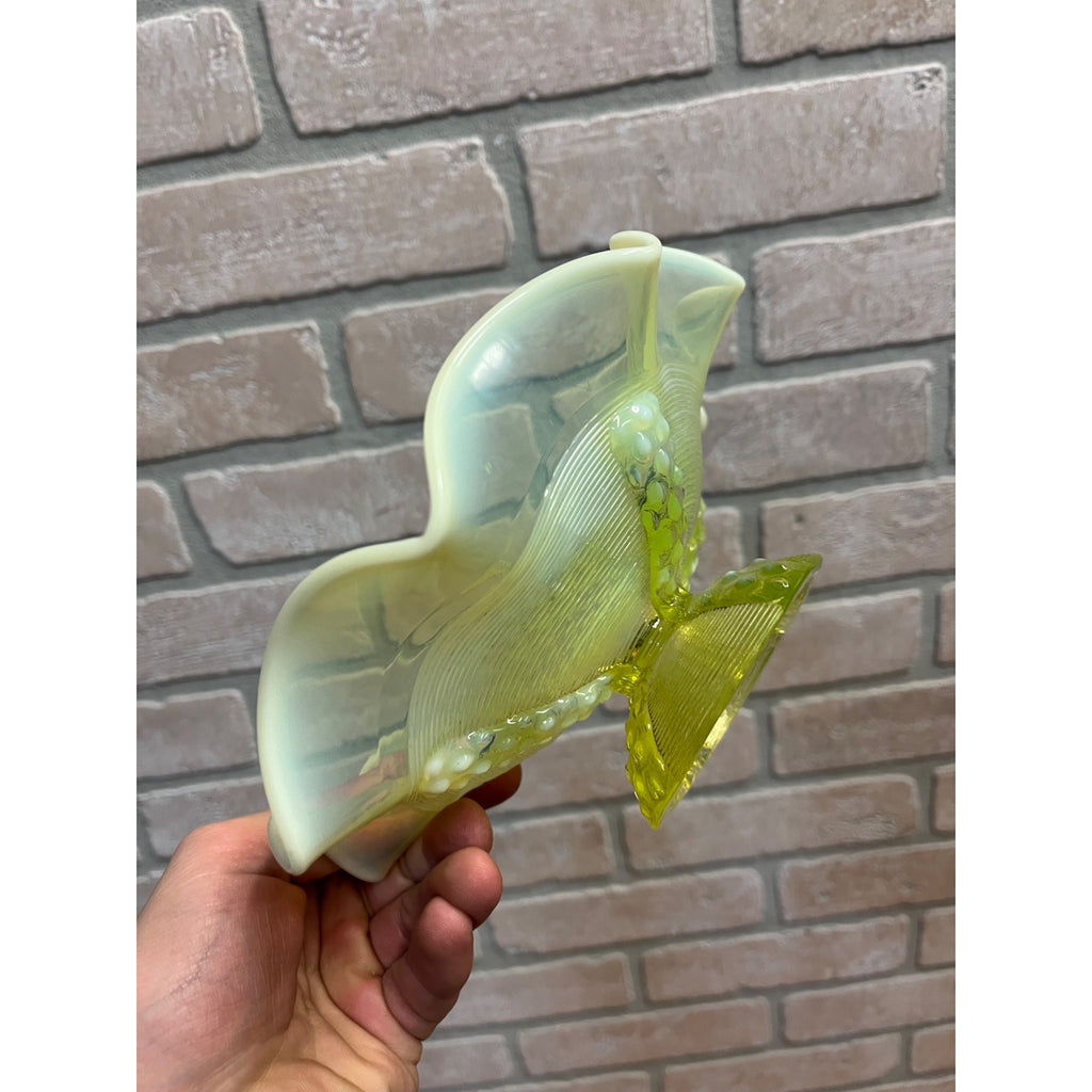 Northwood Opalescent Vaseline Footed Button Panel Ruffled Edge Candy Dish Uranium