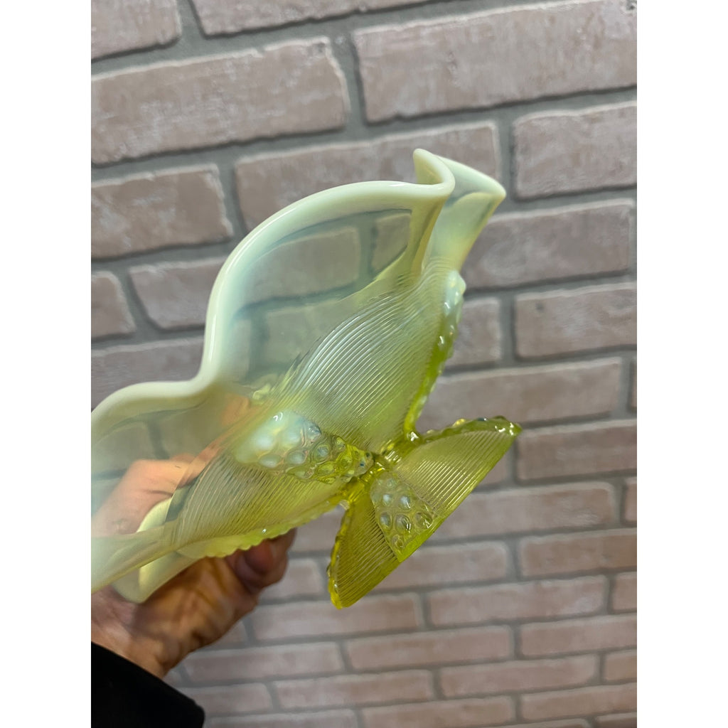 Northwood Opalescent Vaseline Footed Button Panel Ruffled Edge Candy Dish Uranium