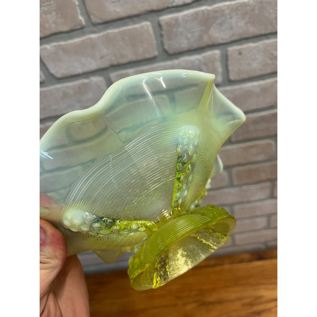 Northwood Opalescent Vaseline Footed Button Panel Ruffled Edge Candy Dish Uranium