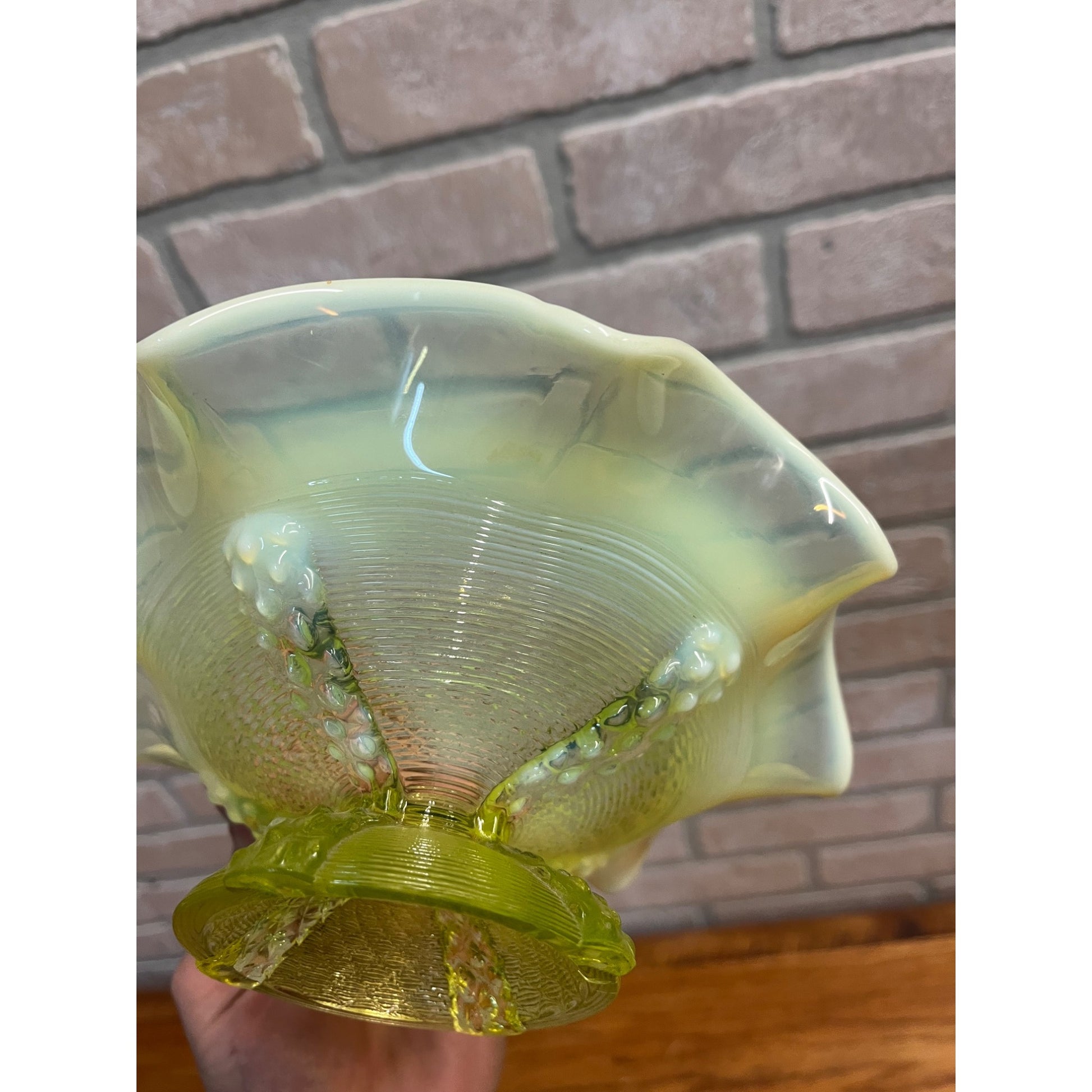 Northwood Opalescent Vaseline Footed Button Panel Ruffled Edge Candy Dish Uranium