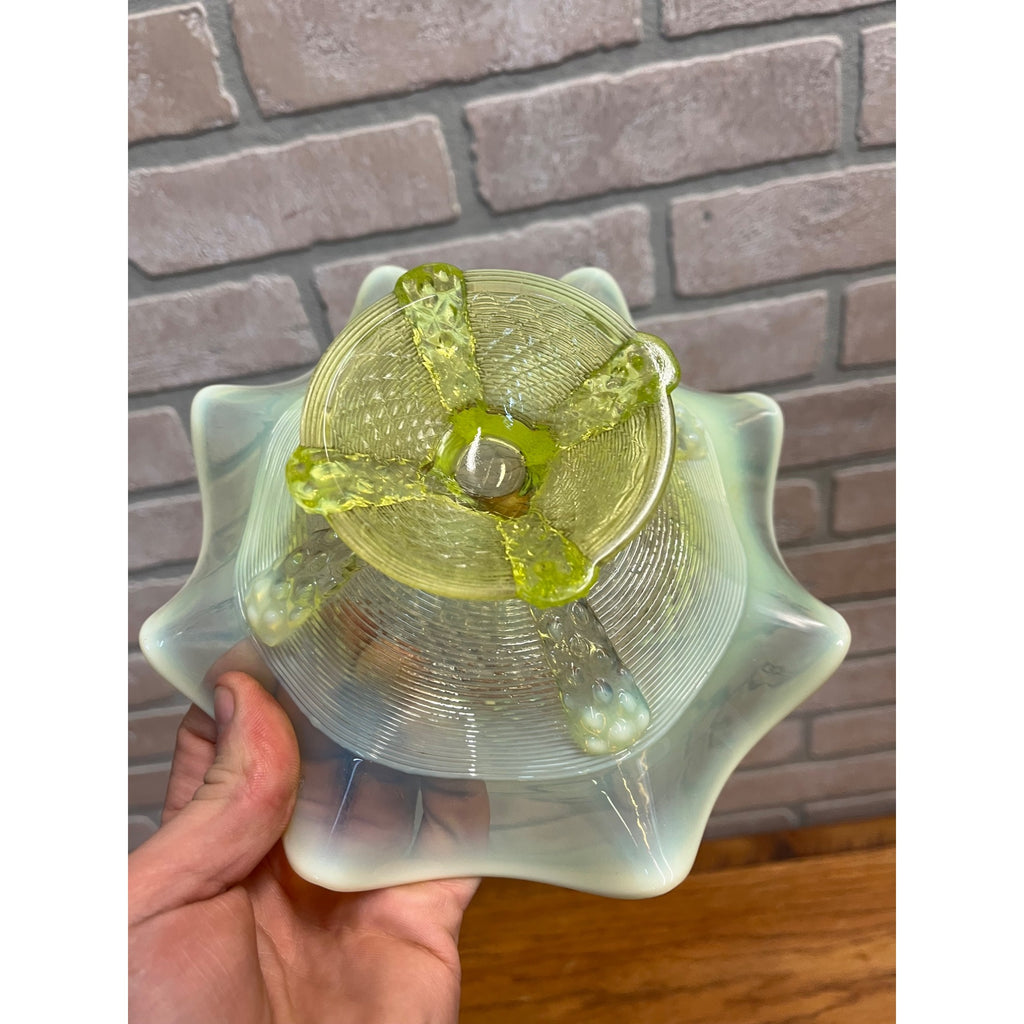 Northwood Opalescent Vaseline Footed Button Panel Ruffled Edge Candy Dish Uranium