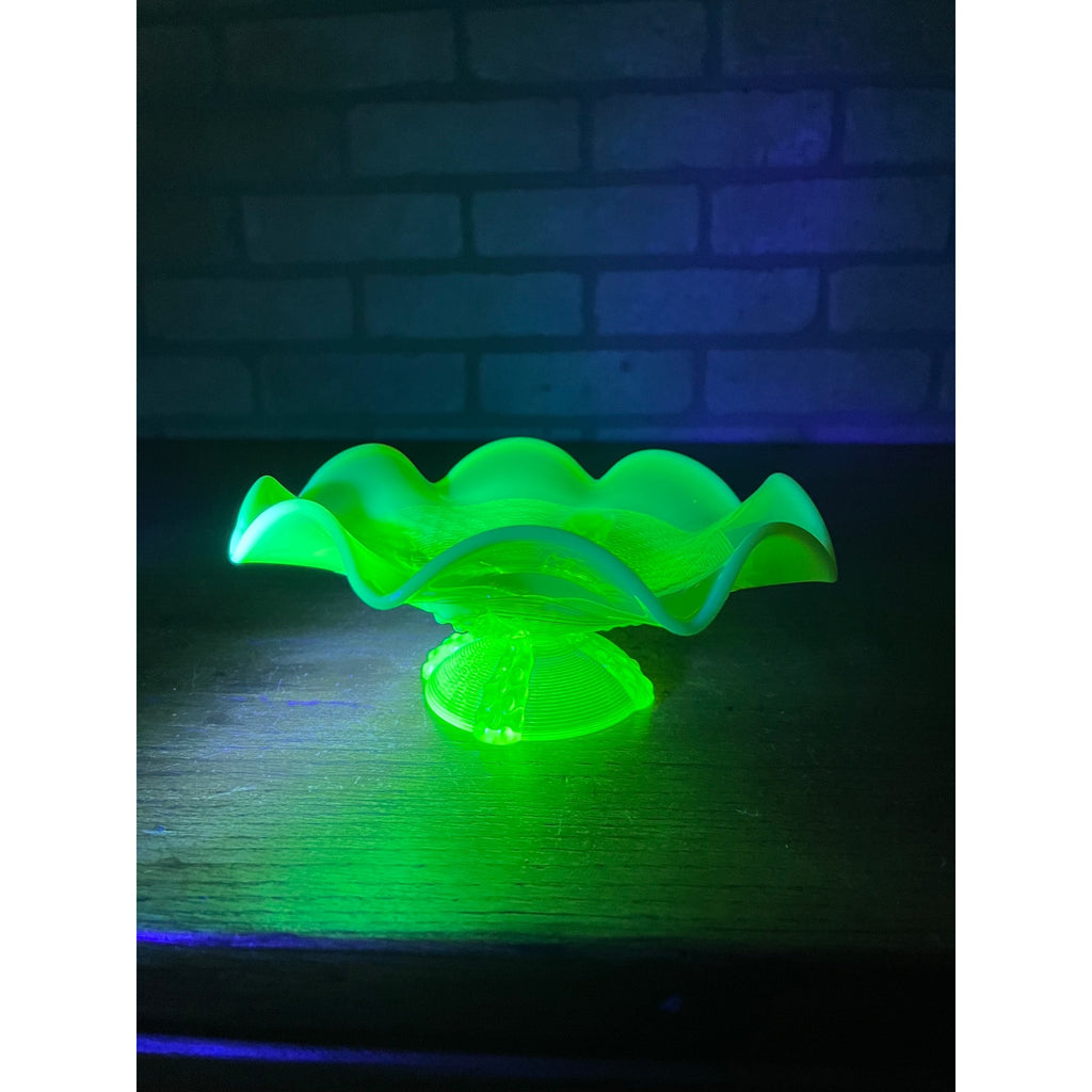 Northwood Opalescent Vaseline Footed Button Panel Ruffled Edge Candy Dish Uranium