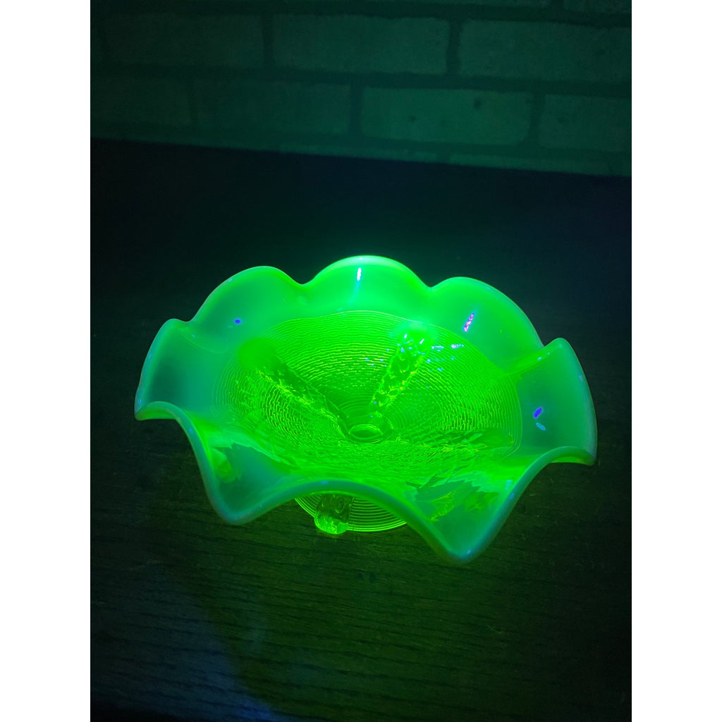 Northwood Opalescent Vaseline Footed Button Panel Ruffled Edge Candy Dish Uranium