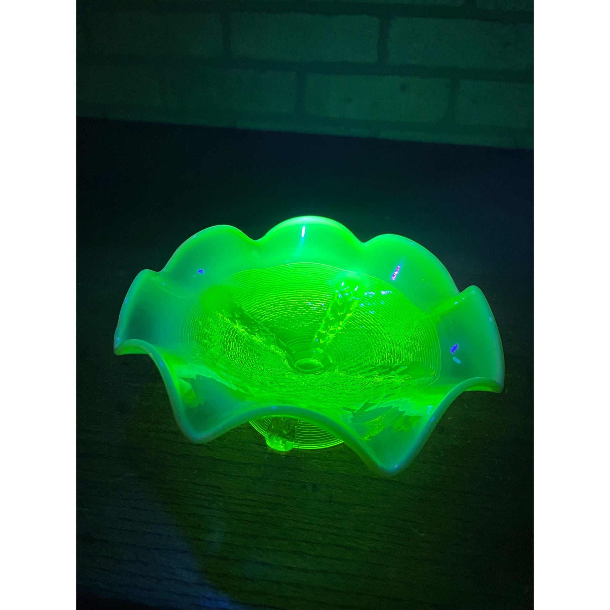 Northwood Opalescent Vaseline Footed Button Panel Ruffled Edge Candy Dish Uranium