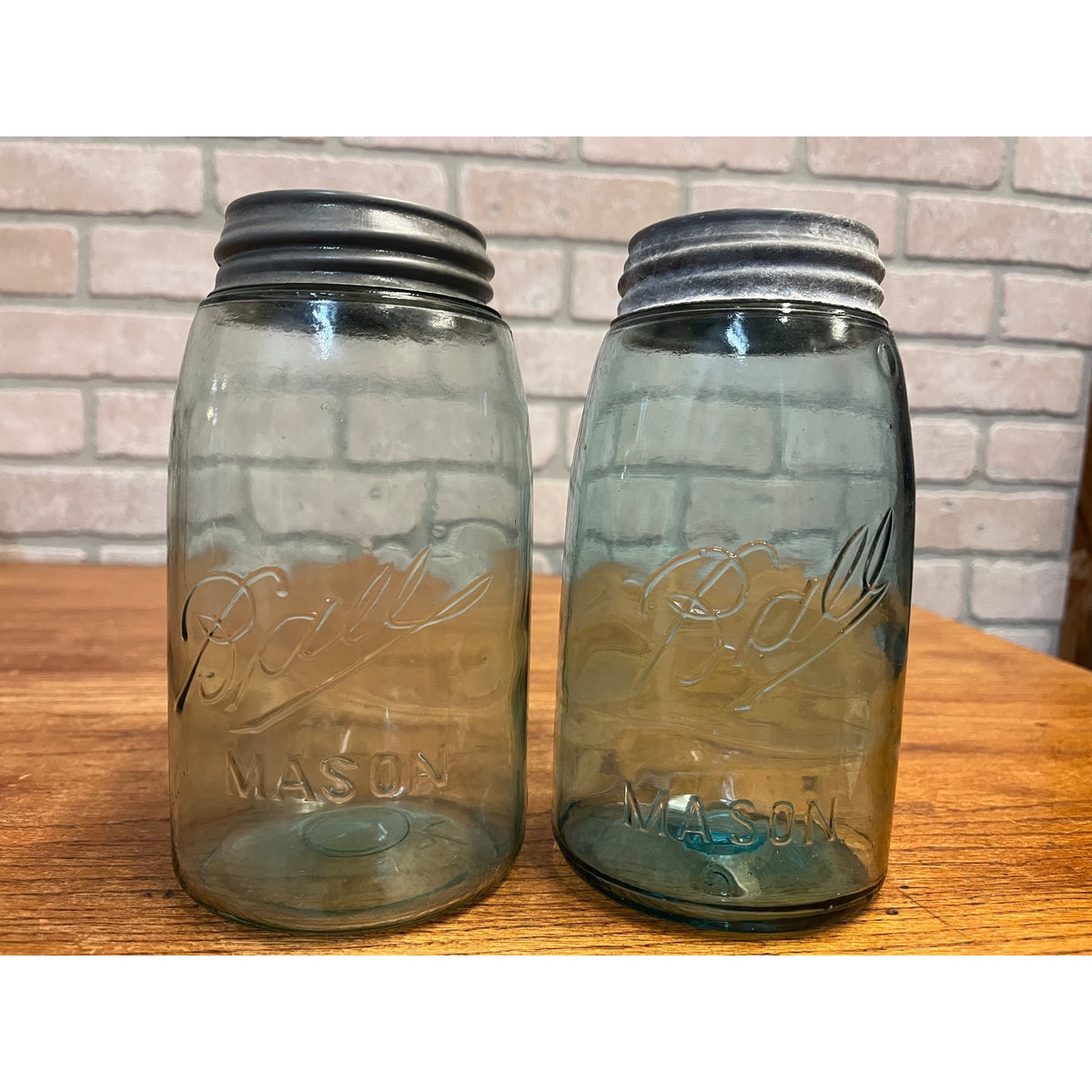 Vintage (2) Blue Glass Ball Mason Jars QUART (Underscore Returned Script) With Zinc Lids Primitive Kitchen Decor