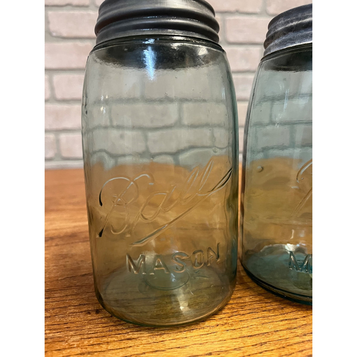 Vintage (2) Blue Glass Ball Mason Jars QUART (Underscore Returned Script) With Zinc Lids Primitive Kitchen Decor