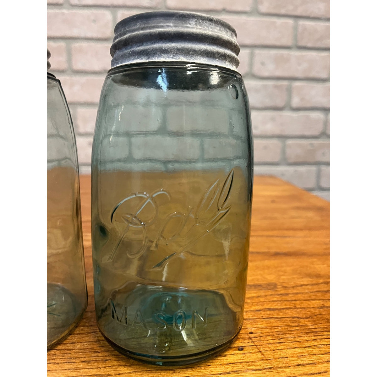 Vintage (2) Blue Glass Ball Mason Jars QUART (Underscore Returned Script) With Zinc Lids Primitive Kitchen Decor