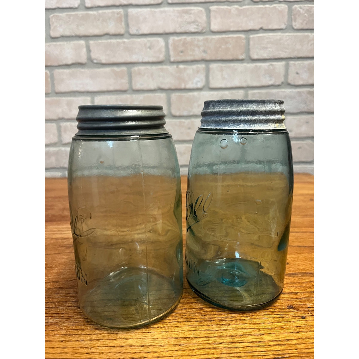 Vintage (2) Blue Glass Ball Mason Jars QUART (Underscore Returned Script) With Zinc Lids Primitive Kitchen Decor