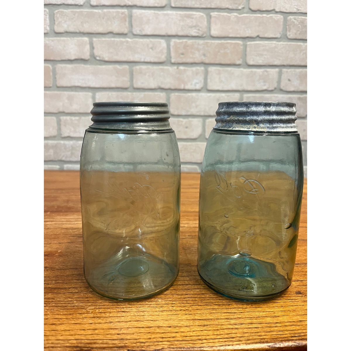 Vintage (2) Blue Glass Ball Mason Jars QUART (Underscore Returned Script) With Zinc Lids Primitive Kitchen Decor