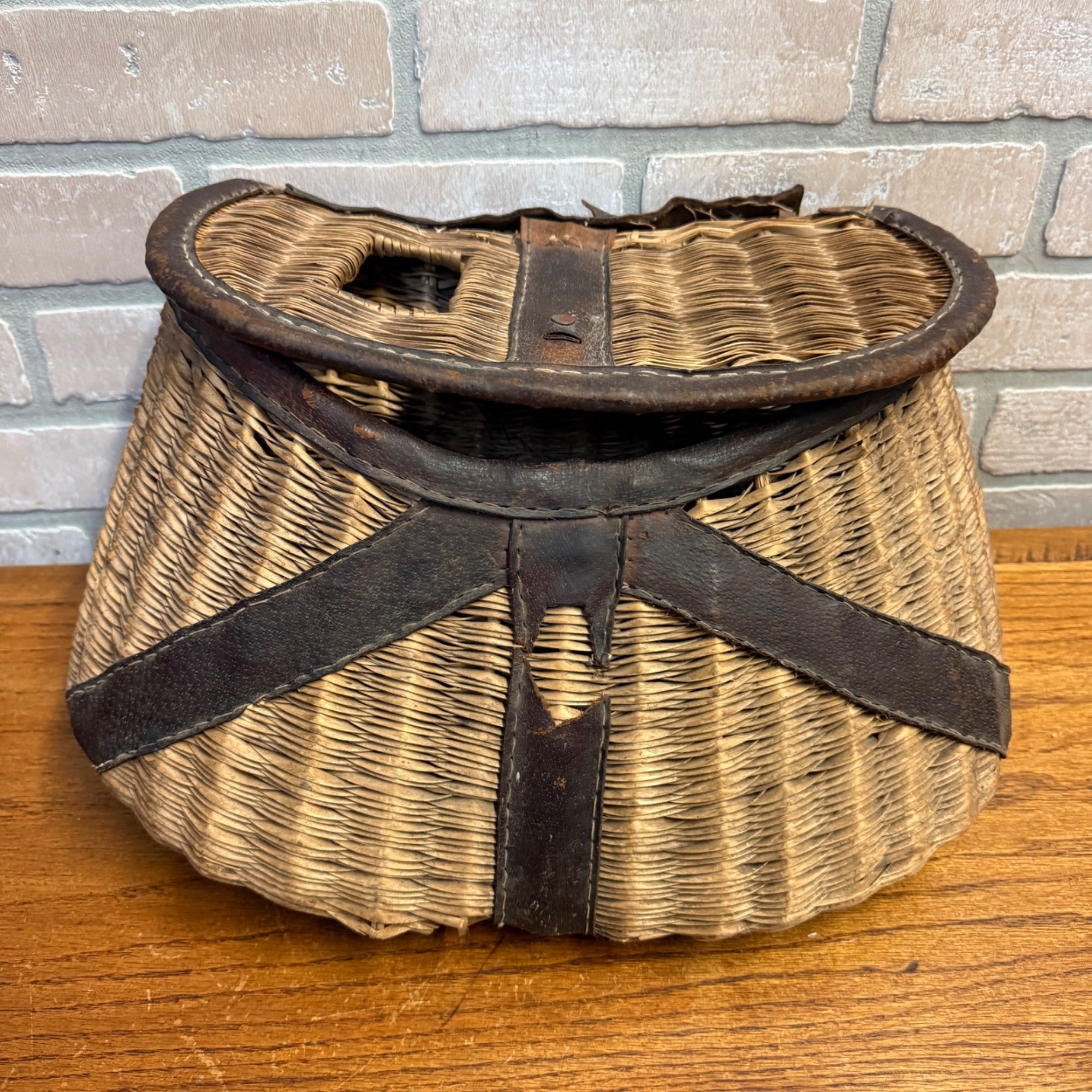 Vintage Wicker and Leather Fishing Creel Basket Made in Japan Primitive Cabin Decor