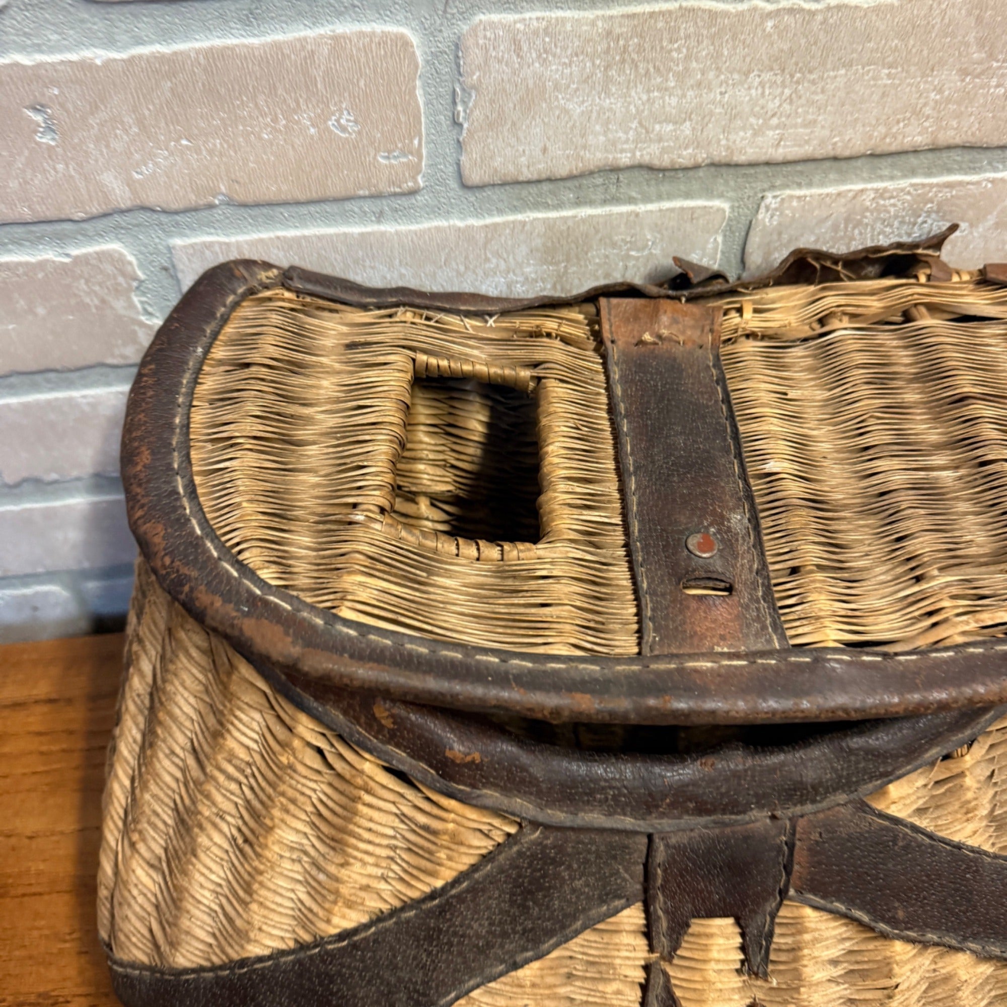 Vintage Wicker and Leather Fishing Creel Basket Made in Japan Primitive Cabin Decor