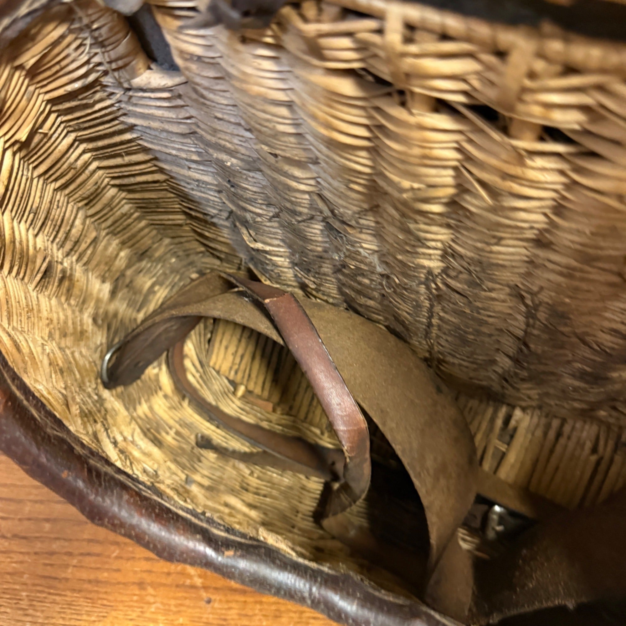 Vintage Wicker and Leather Fishing Creel Basket Made in Japan Primitive Cabin Decor