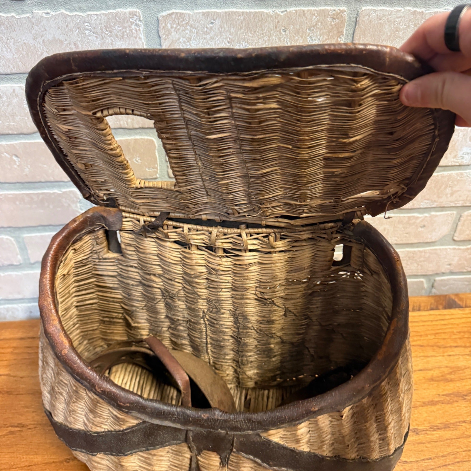 Vintage Wicker and Leather Fishing Creel Basket Made in Japan Primitive Cabin Decor