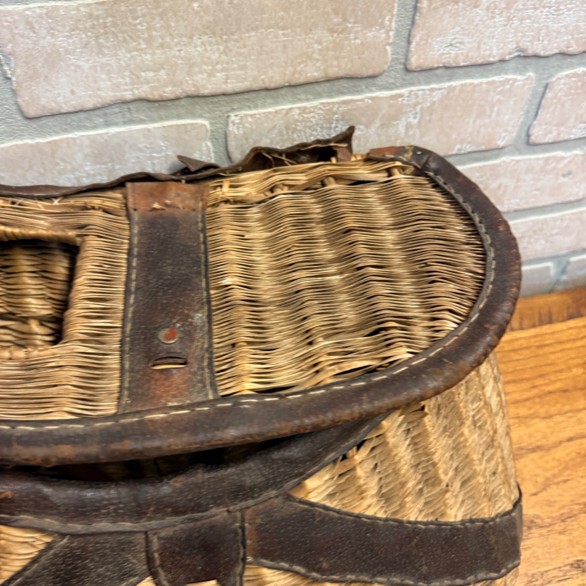 Vintage Wicker and Leather Fishing Creel Basket Made in Japan Primitive Cabin Decor