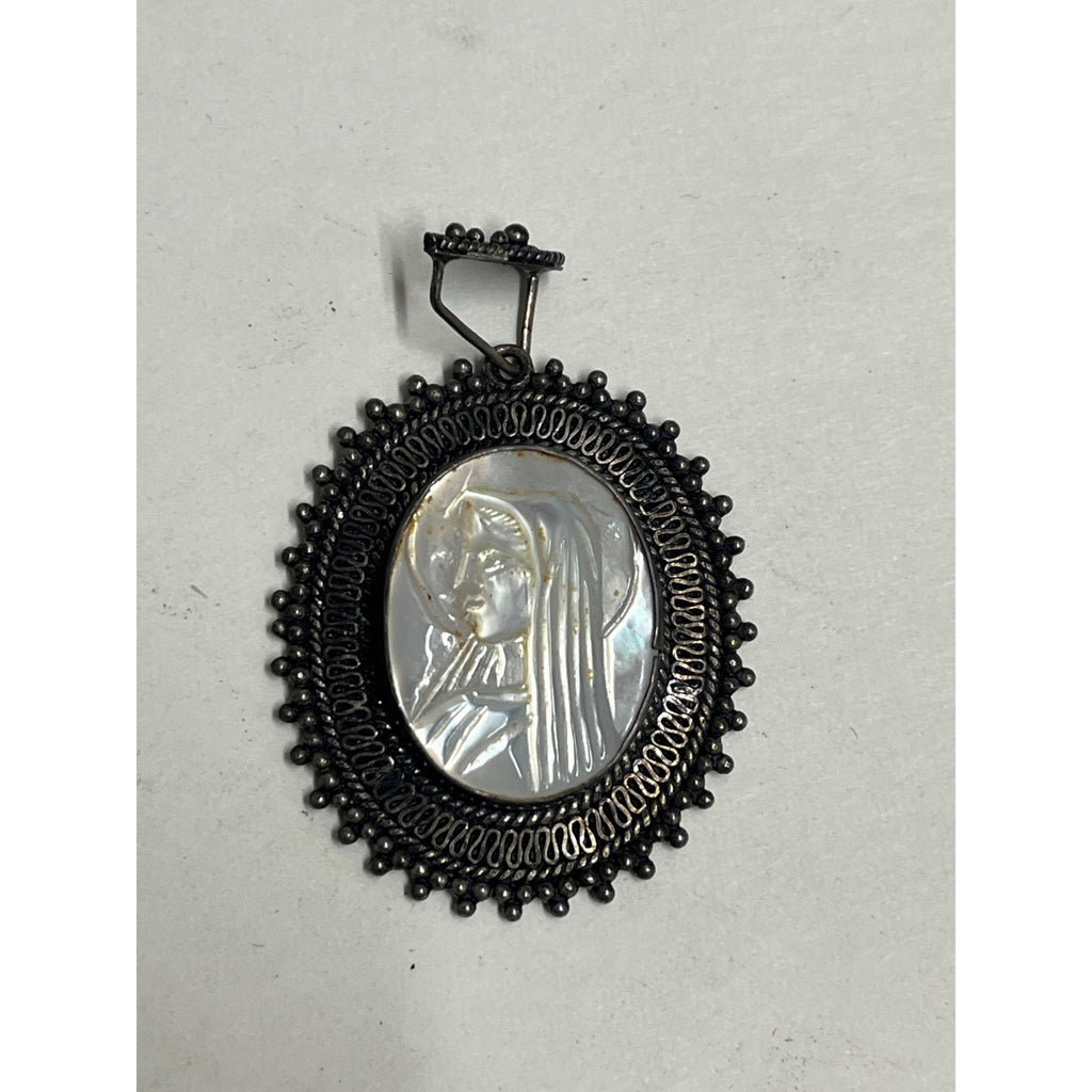 Vintage MOP Mother of Pearl Religious Cameo Pendant Virgin Mother Mary
