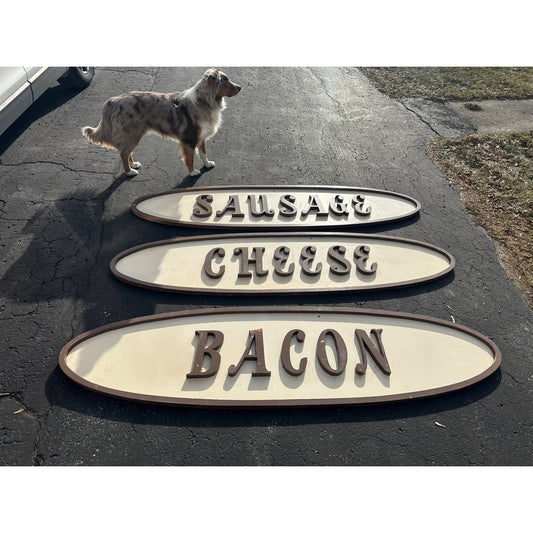 Vintage 1950s Grocery Store Wooden Trade Advertising Signs Sausage Bacon Cheese