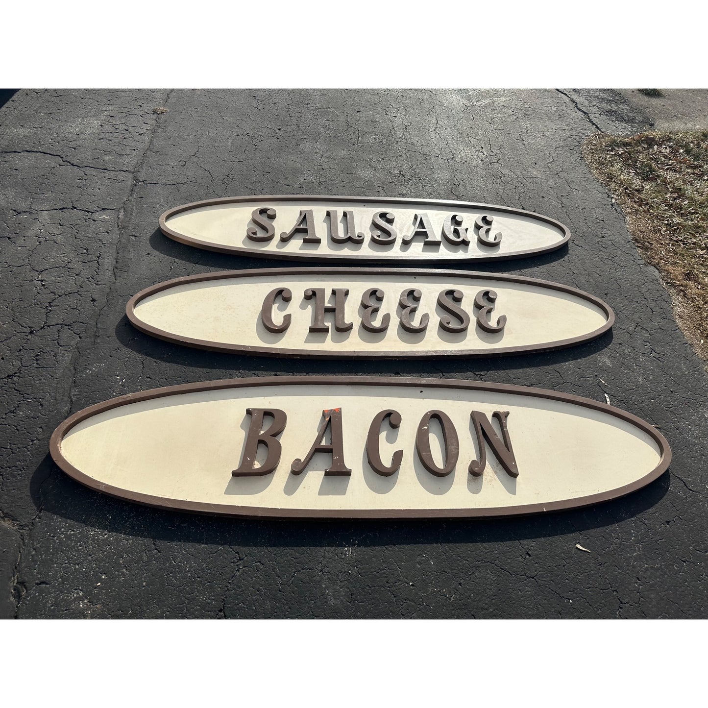 Vintage 1950s Grocery Store Wooden Trade Advertising Signs Sausage Bacon Cheese