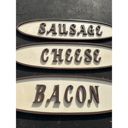 Vintage 1950s Grocery Store Wooden Trade Advertising Signs Sausage Bacon Cheese