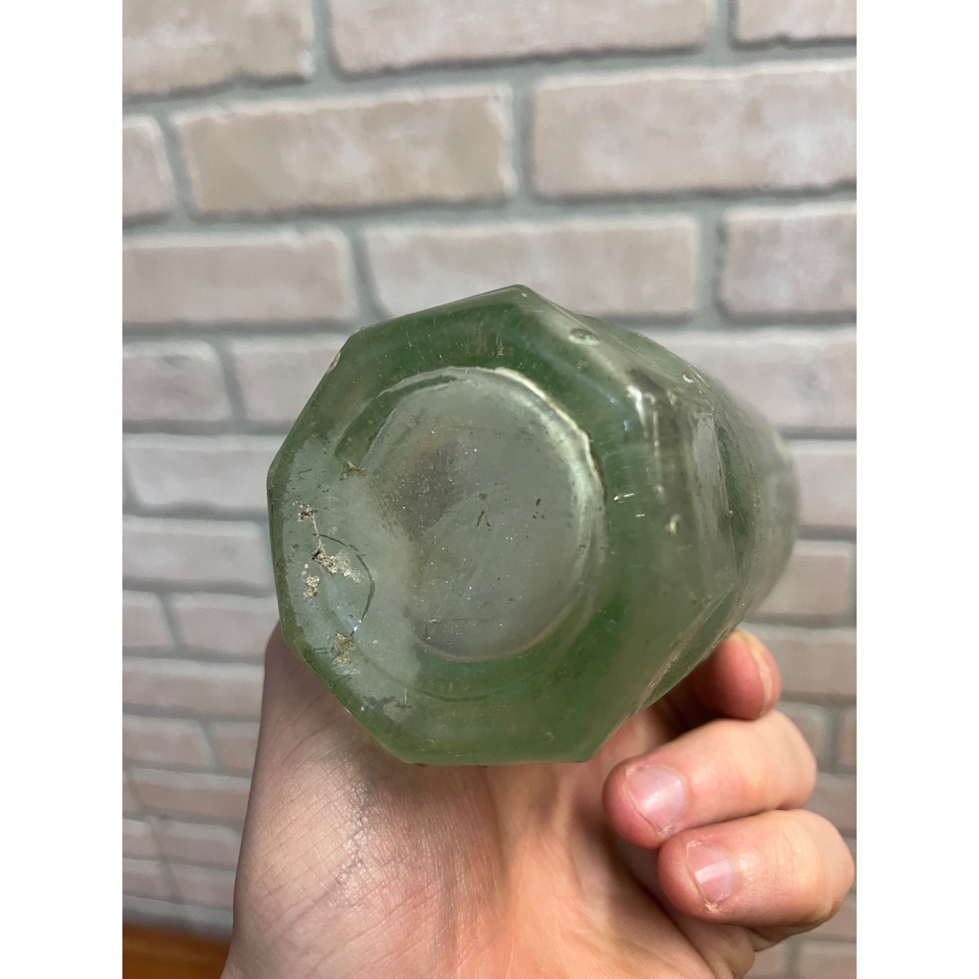 John Graf Milwaukee Wis Aqua Blue Glass Soda Bottle Blob Top Octagon Base WI