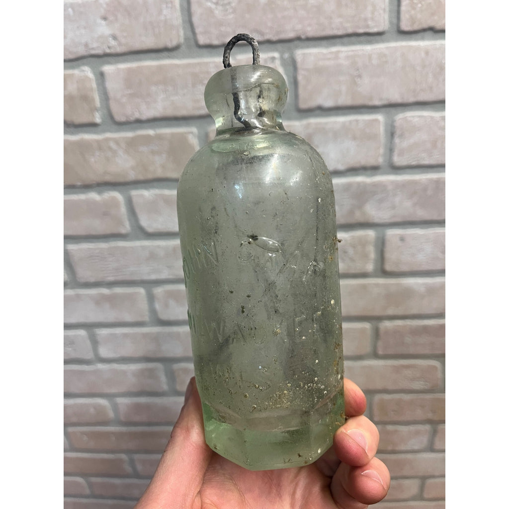 John Graf Milwaukee Wis Aqua Blue Glass Soda Bottle Blob Top Octagon Base WI