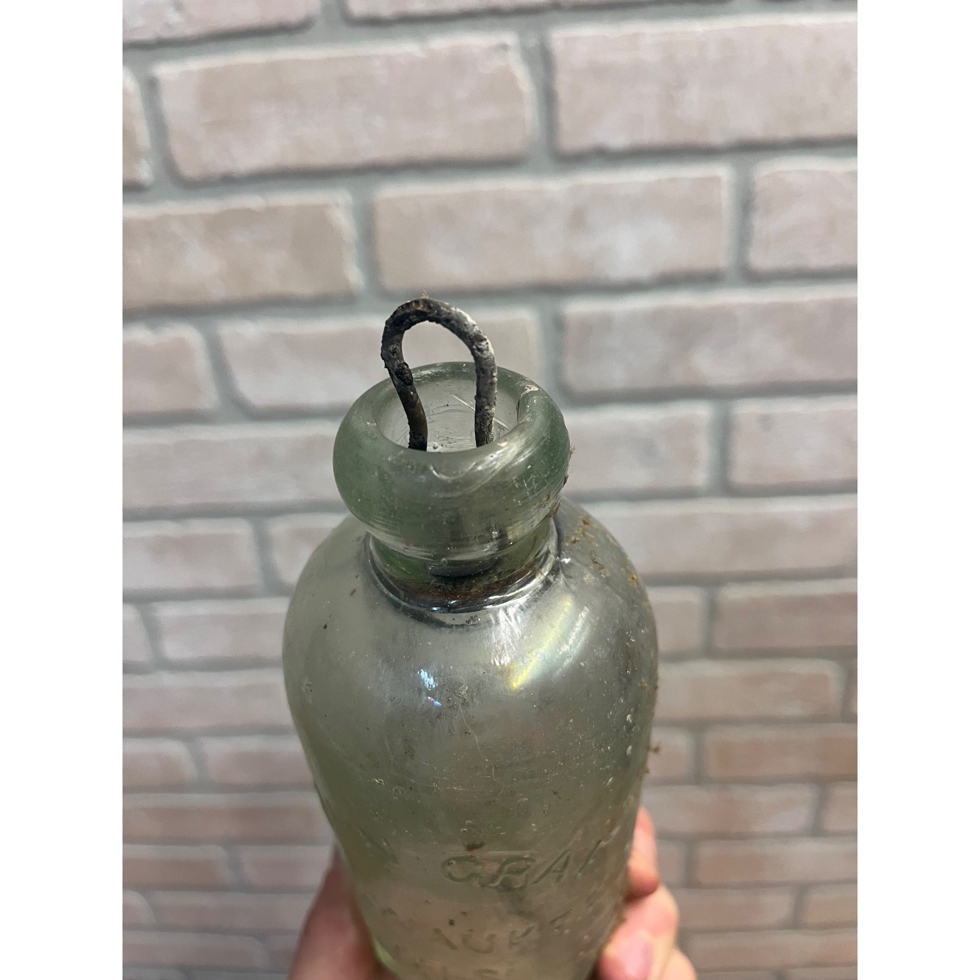 John Graf Milwaukee Wis Aqua Blue Glass Soda Bottle Blob Top Octagon Base WI