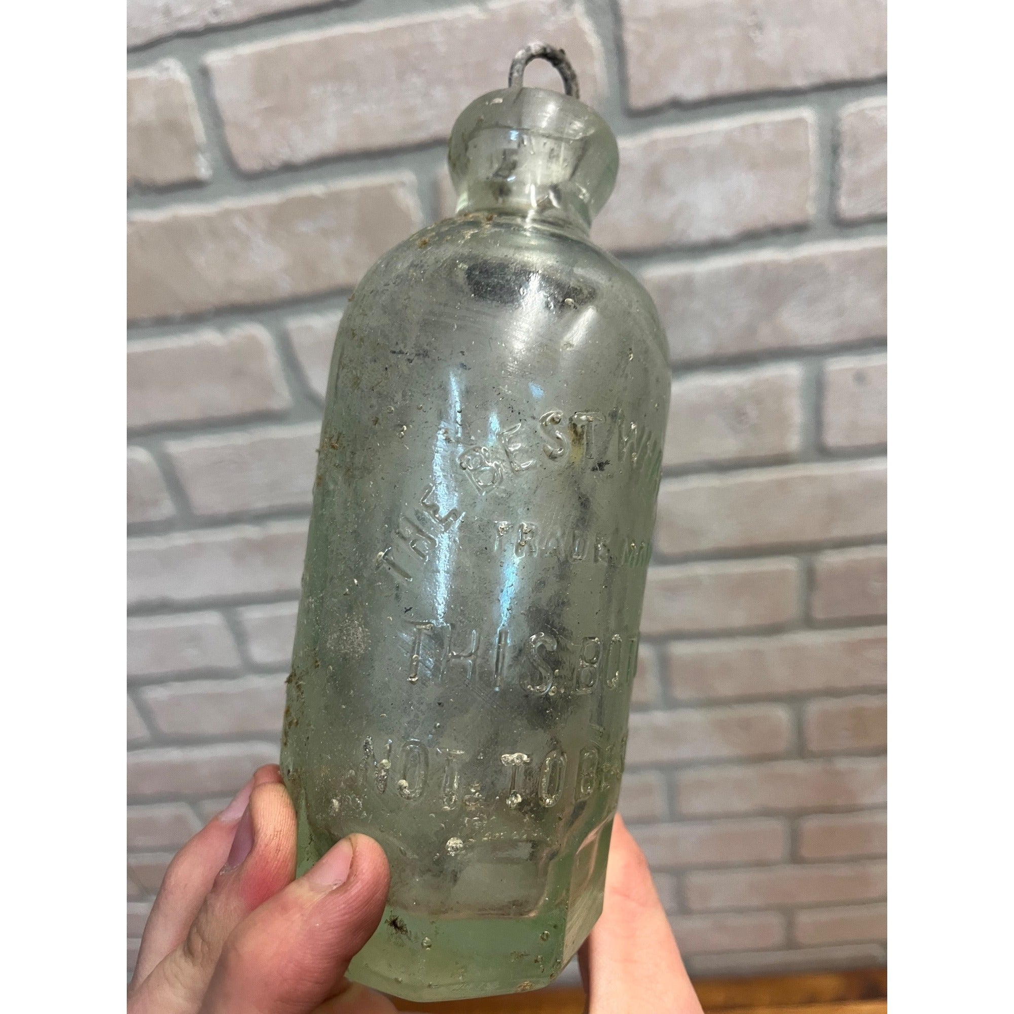 John Graf Milwaukee Wis Aqua Blue Glass Soda Bottle Blob Top Octagon Base WI