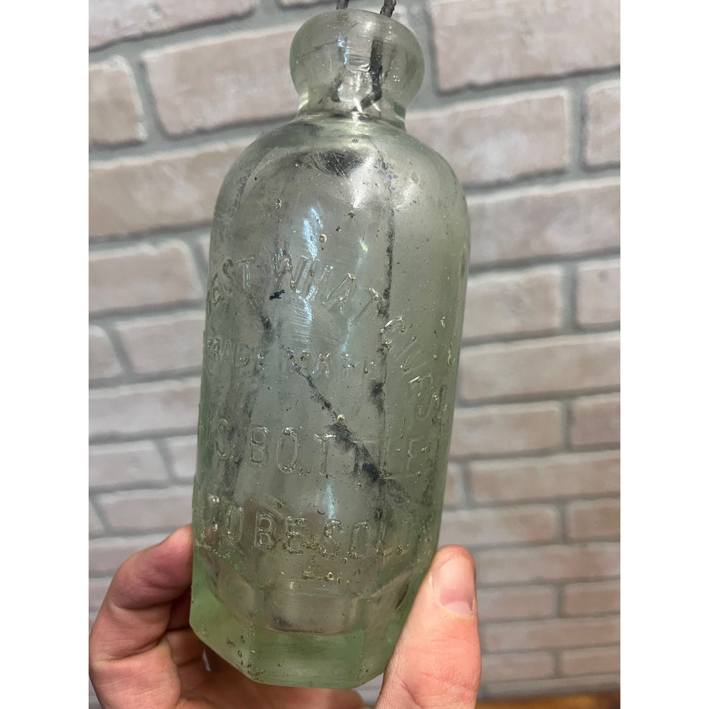 John Graf Milwaukee Wis Aqua Blue Glass Soda Bottle Blob Top Octagon Base WI