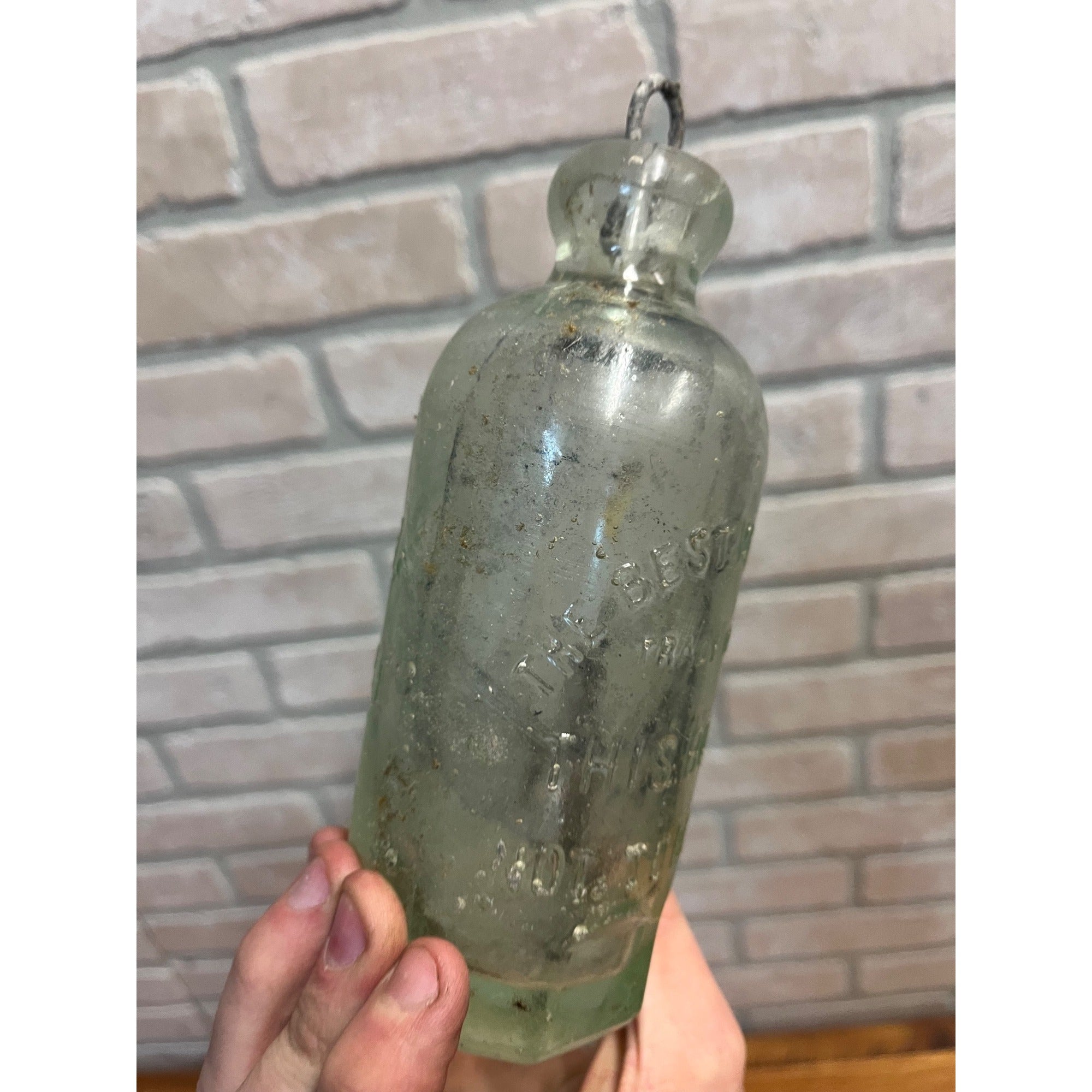 John Graf Milwaukee Wis Aqua Blue Glass Soda Bottle Blob Top Octagon Base WI