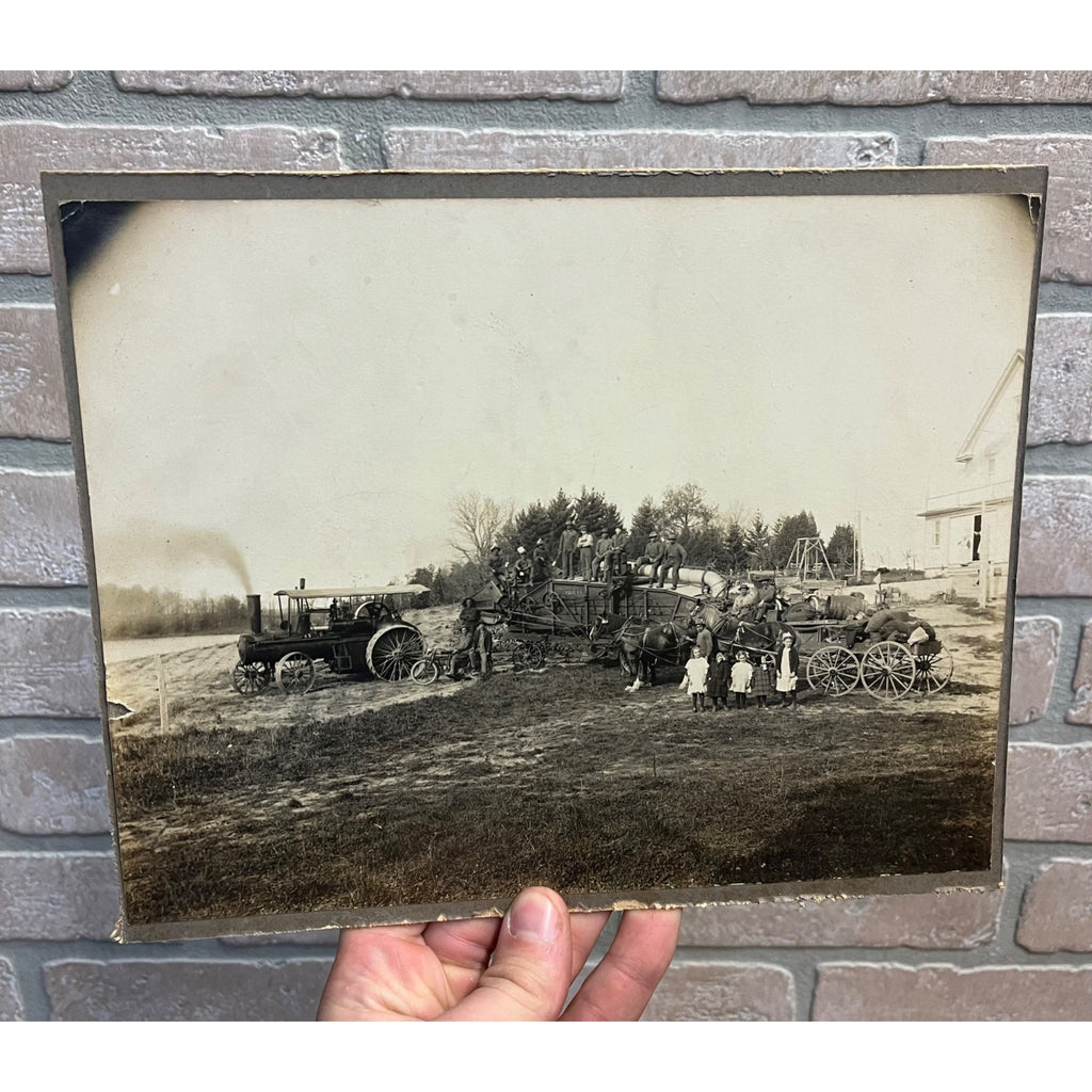 Original Steam Engine Tractor, Indian Motorcycle, Rumley Threshing Cabinet Photo