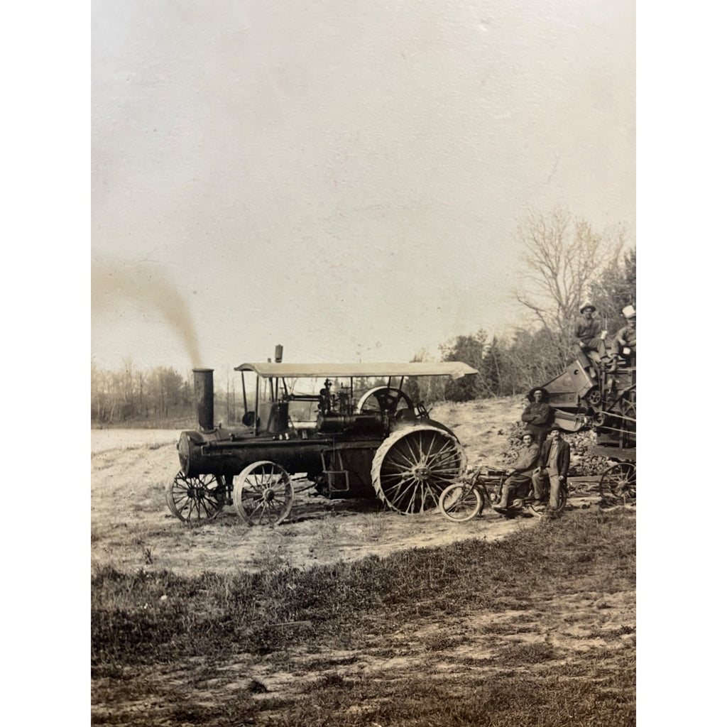Original Steam Engine Tractor, Indian Motorcycle, Rumley Threshing Cabinet Photo