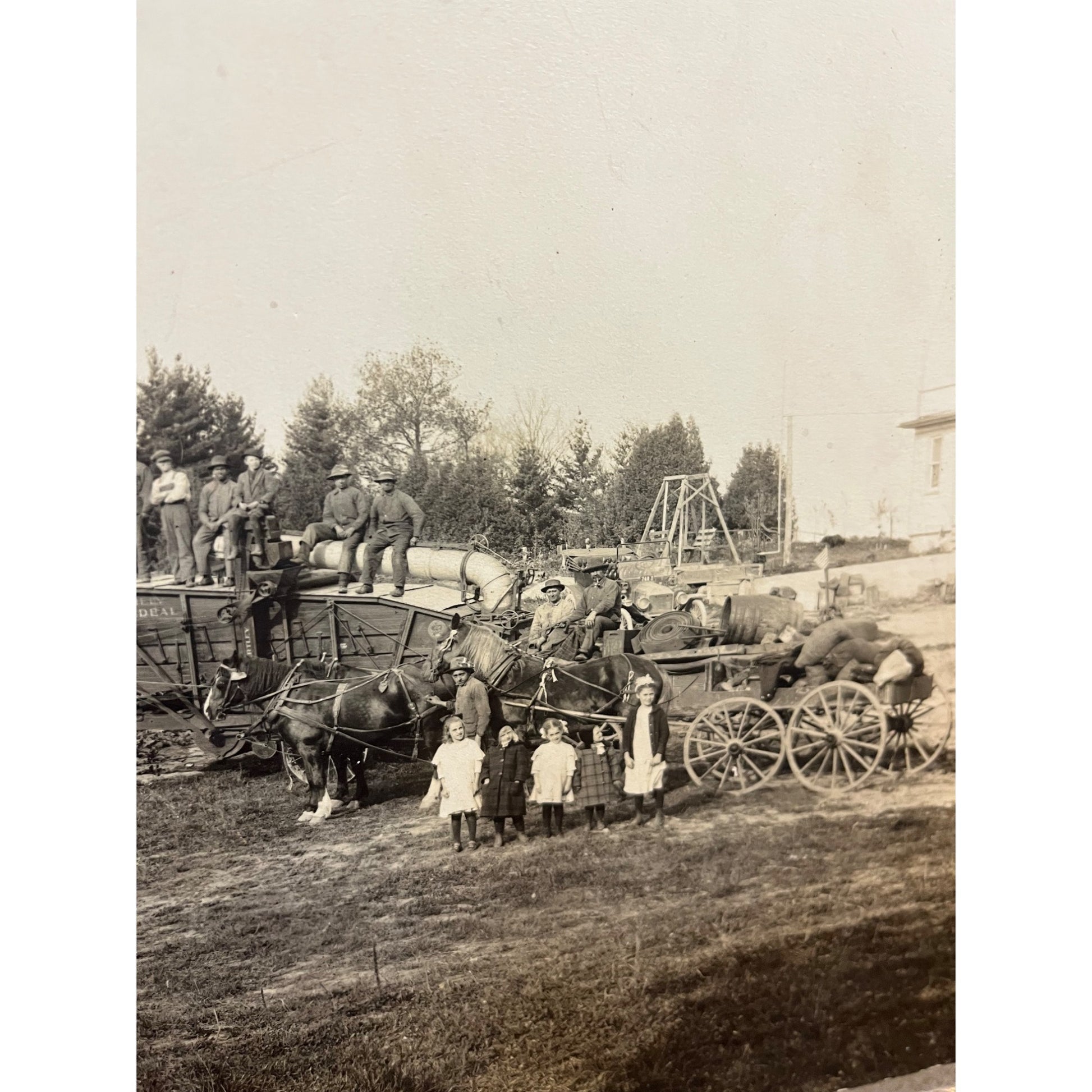 Original Steam Engine Tractor, Indian Motorcycle, Rumley Threshing Cabinet Photo