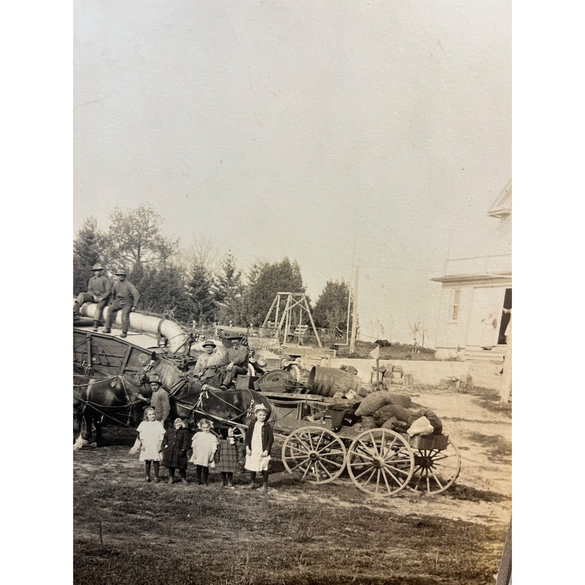 Original Steam Engine Tractor, Indian Motorcycle, Rumley Threshing Cabinet Photo