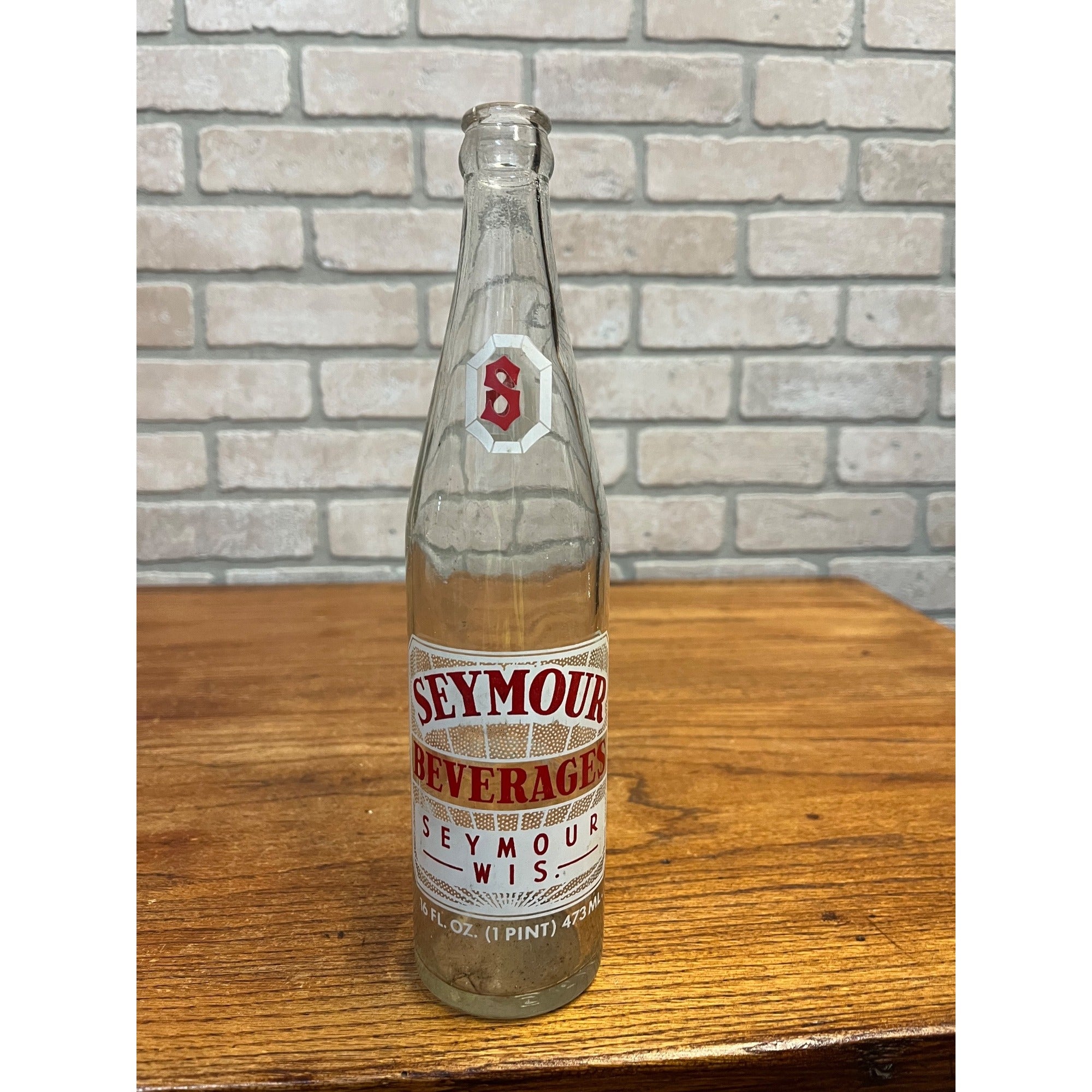 Vintage Seymour Beverages ACL 16oz Clear Glass Soda Bottle Wisconsin Wis WI