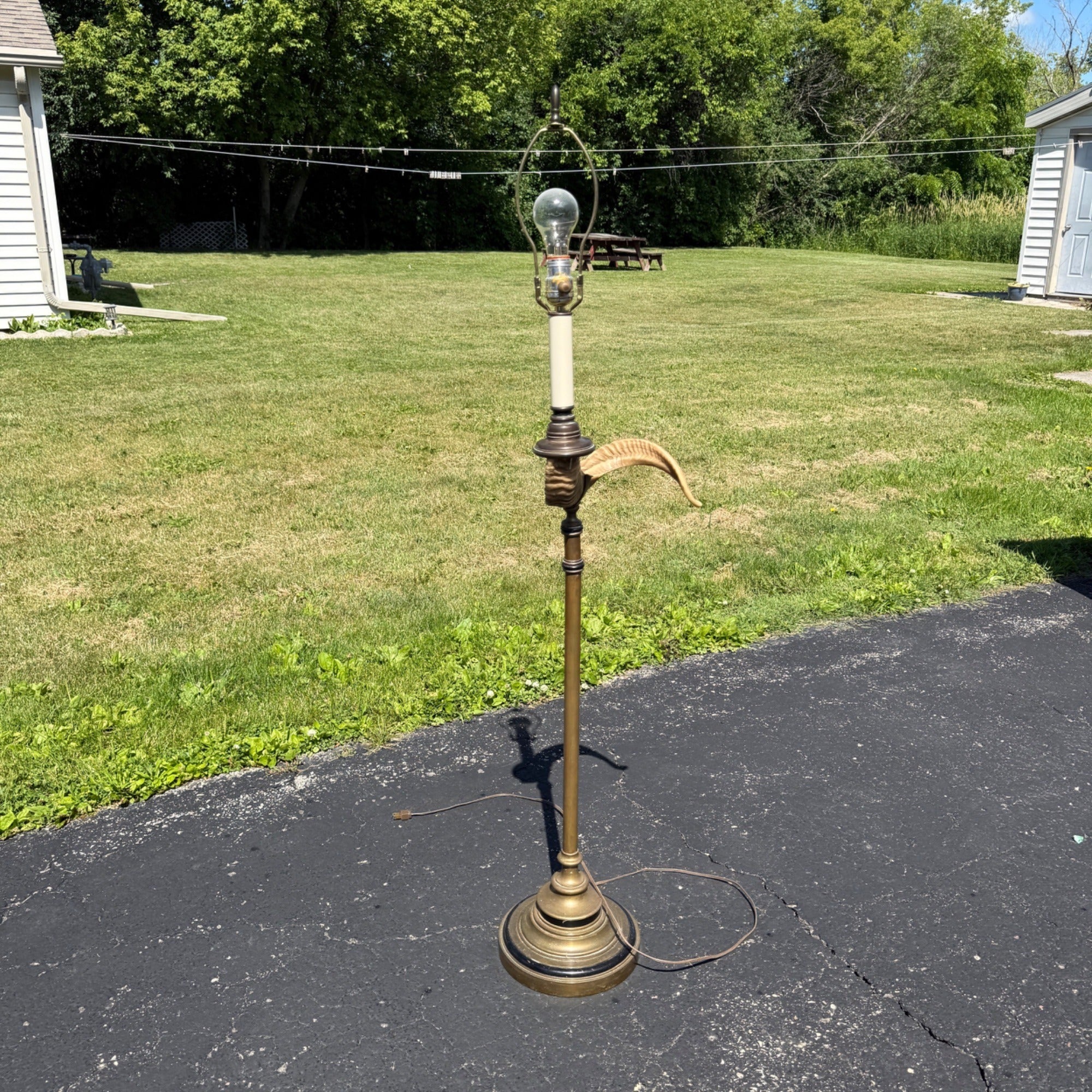 Vintage Ram's Horn Brass Bridge Floor Lamp Library Reading  Light Fixture 1970s