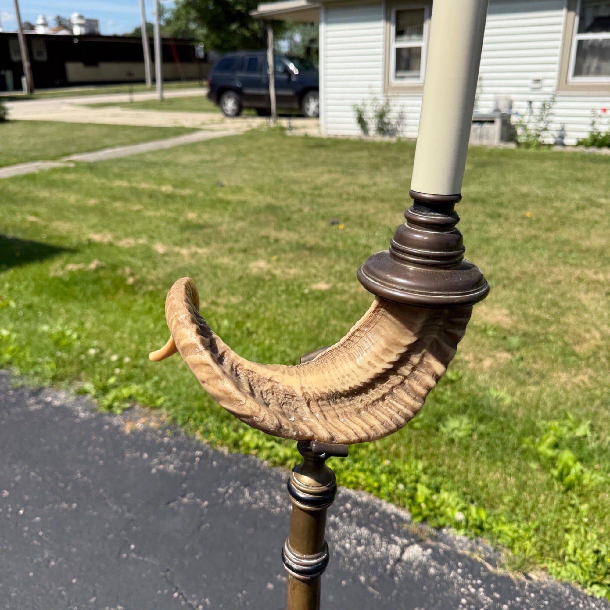 Vintage Ram's Horn Brass Bridge Floor Lamp Library Reading  Light Fixture 1970s