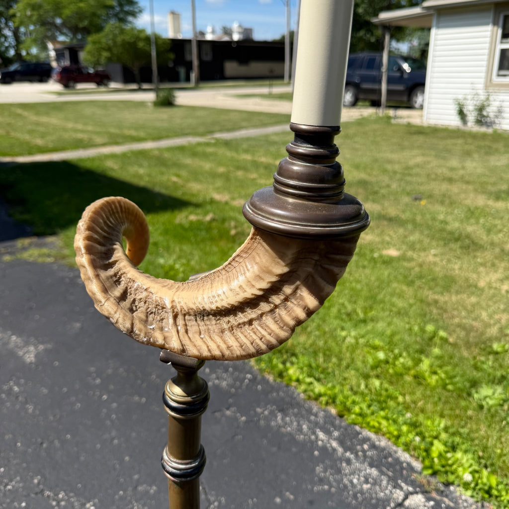 Vintage Ram's Horn Brass Bridge Floor Lamp Library Reading  Light Fixture 1970s