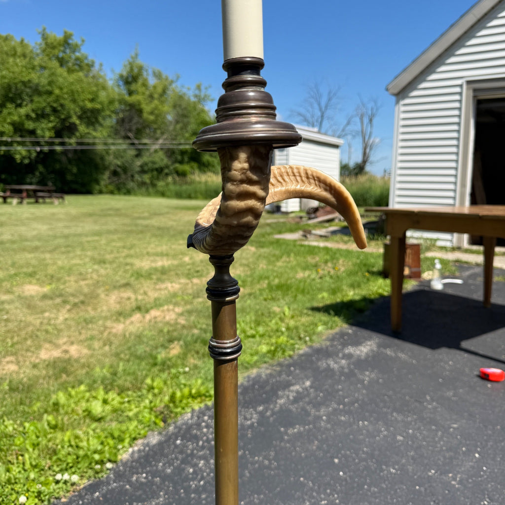 Vintage Ram's Horn Brass Bridge Floor Lamp Library Reading  Light Fixture 1970s