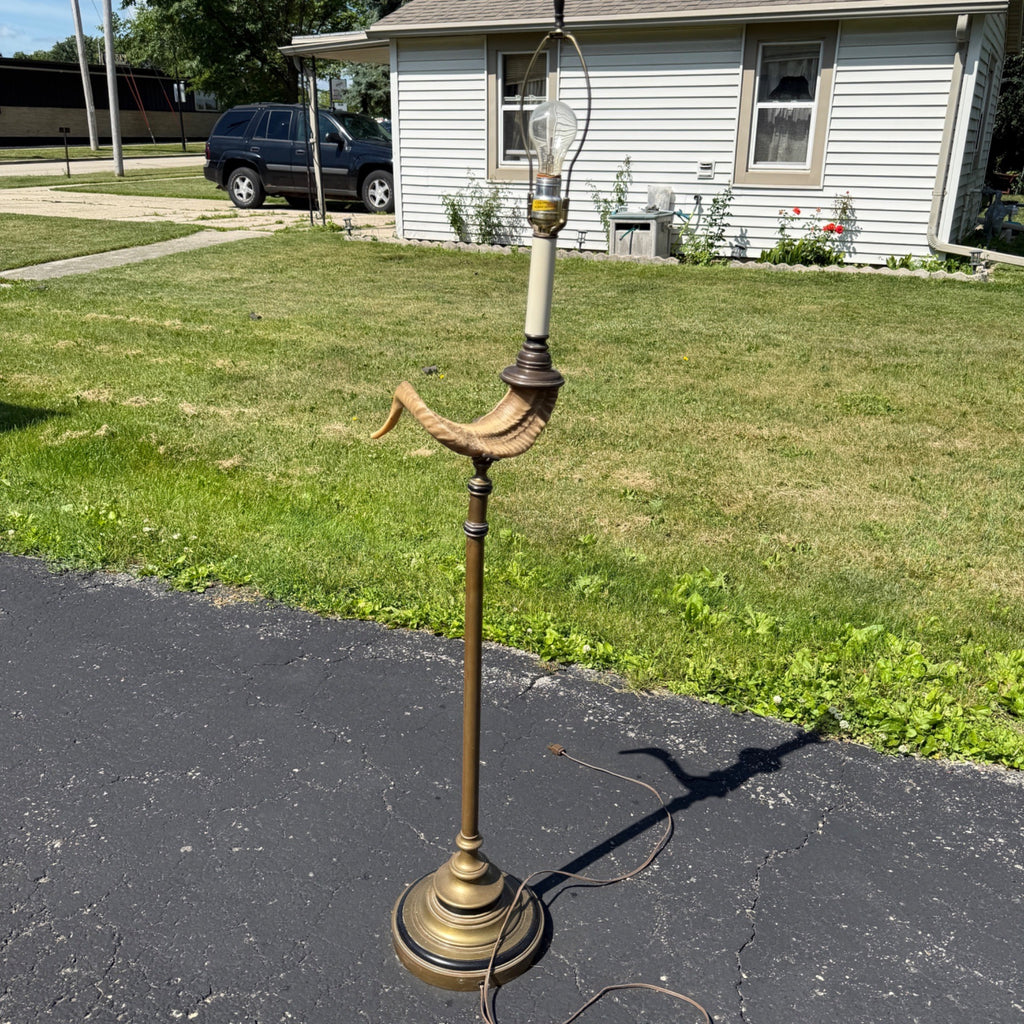 Vintage Ram's Horn Brass Bridge Floor Lamp Library Reading  Light Fixture 1970s