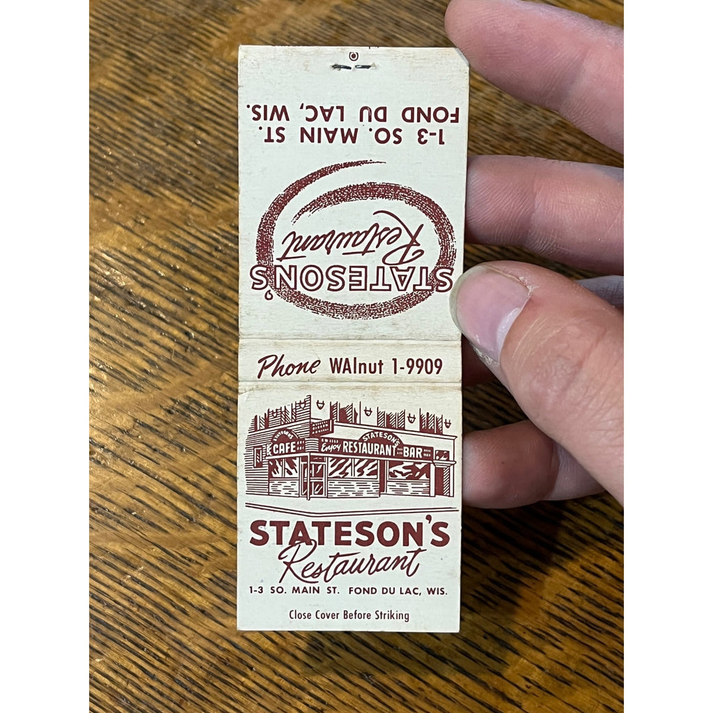 Vintage FULL Matchbook Advertising - Stateson's Restaurant - Fond du Lac, Wis.