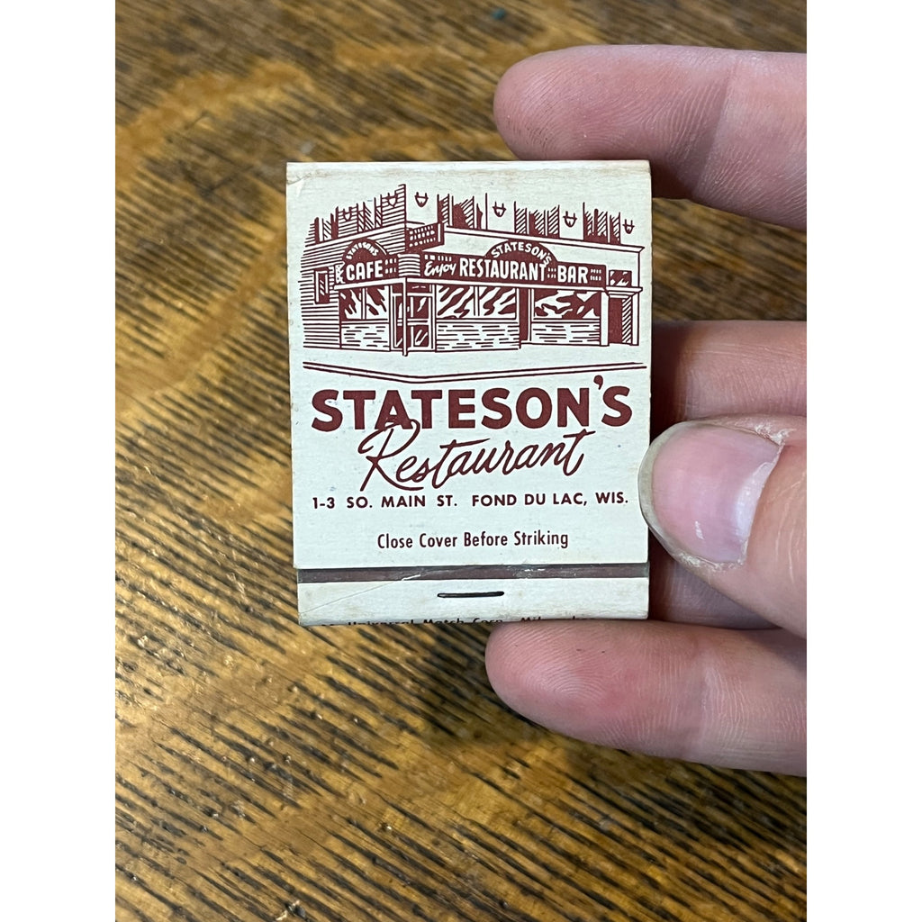 Vintage FULL Matchbook Advertising - Stateson's Restaurant - Fond du Lac, Wis.