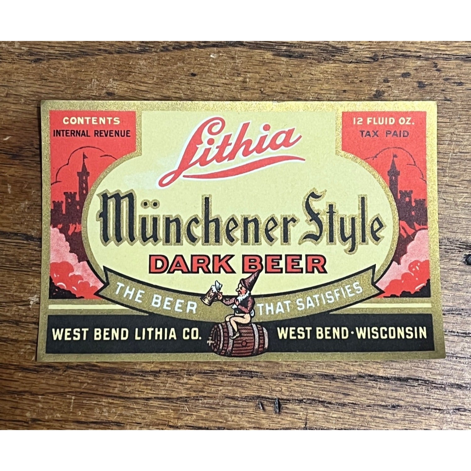 1940s West Bend Lithia Munchener Style Beer Bottle Label IRTP Wis Wisconsin WI
