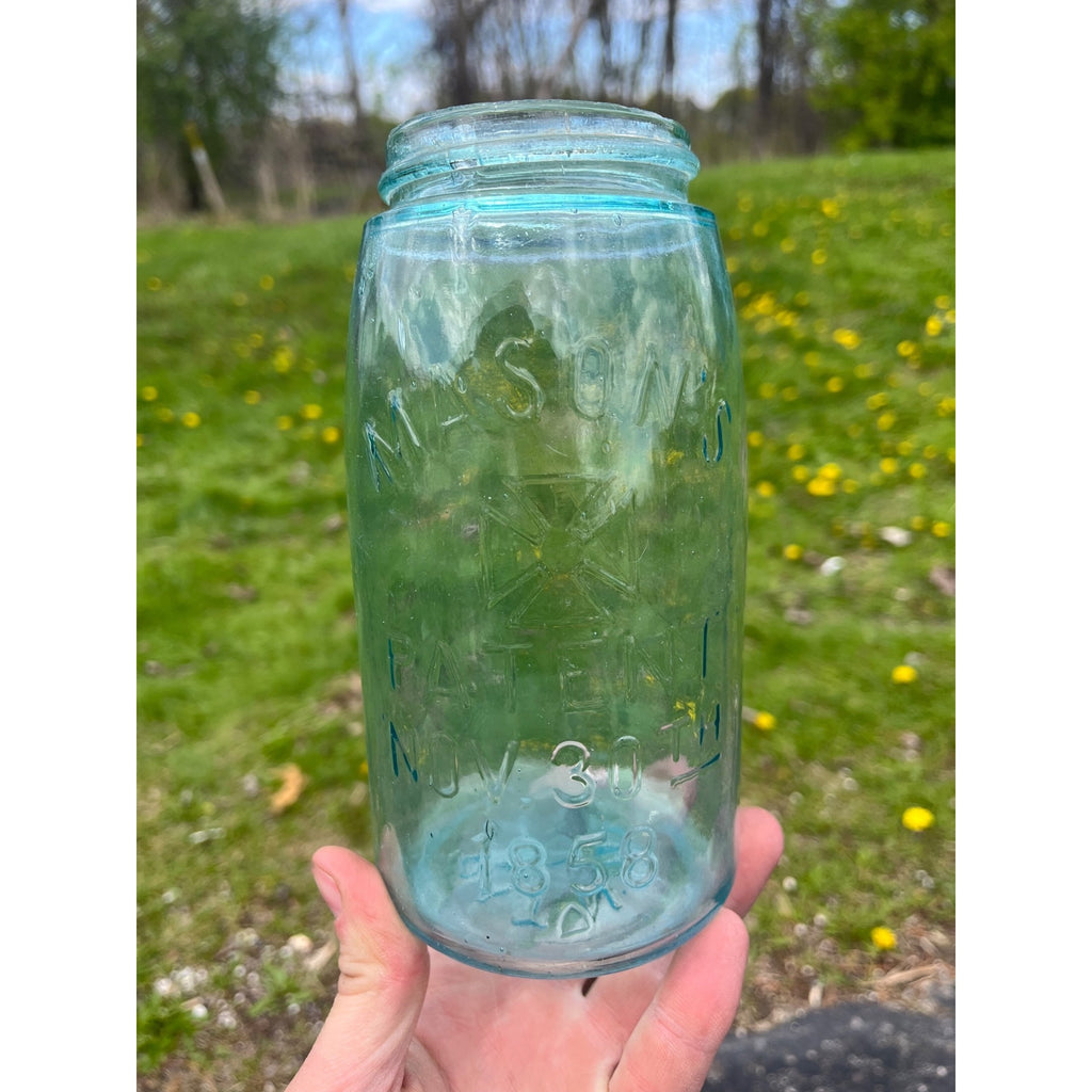 Antique Mason Patent 1858 Hero Cross Mark Aqua Blue Quart Glass Canning Jar