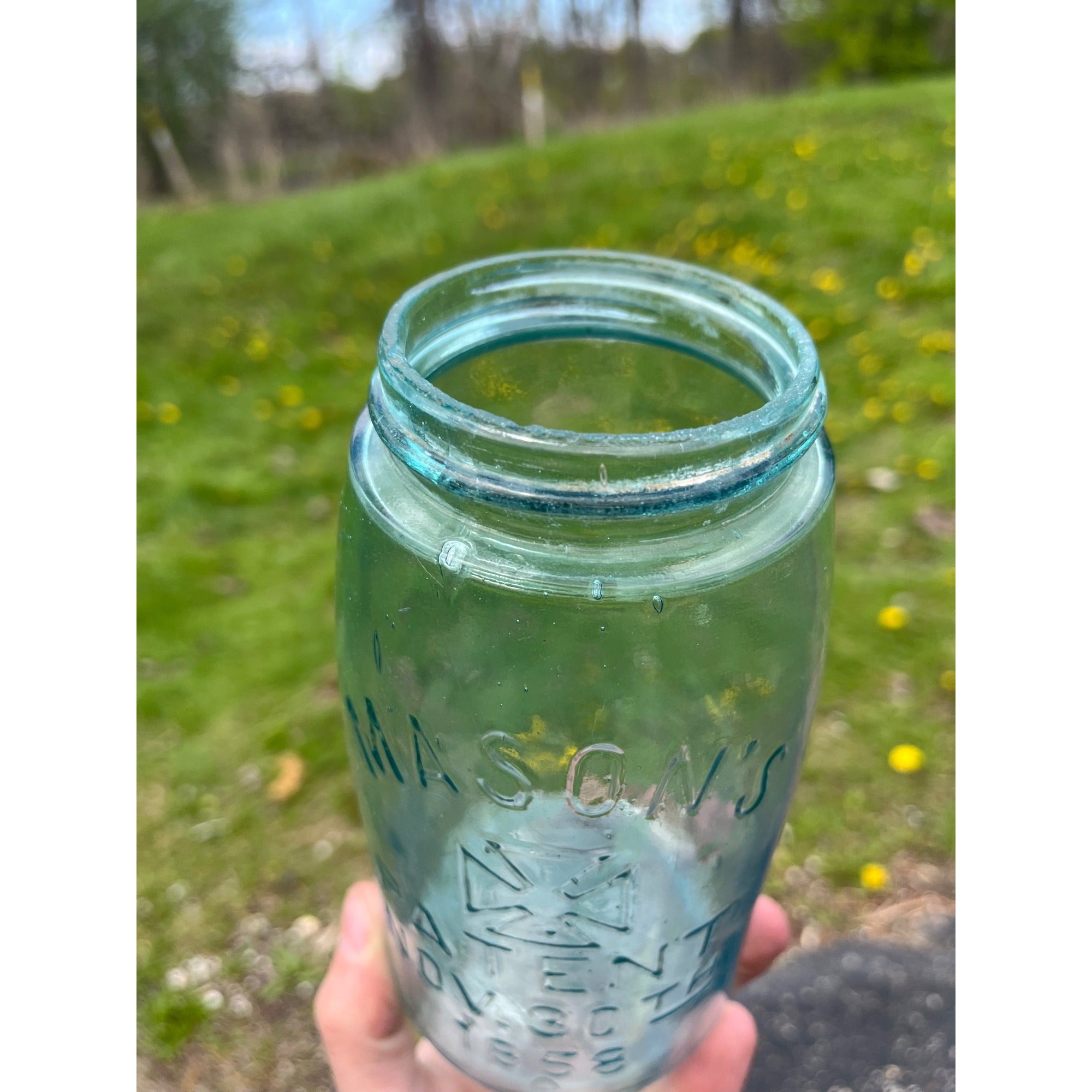 Antique Mason Patent 1858 Hero Cross Mark Aqua Blue Quart Glass Canning Jar