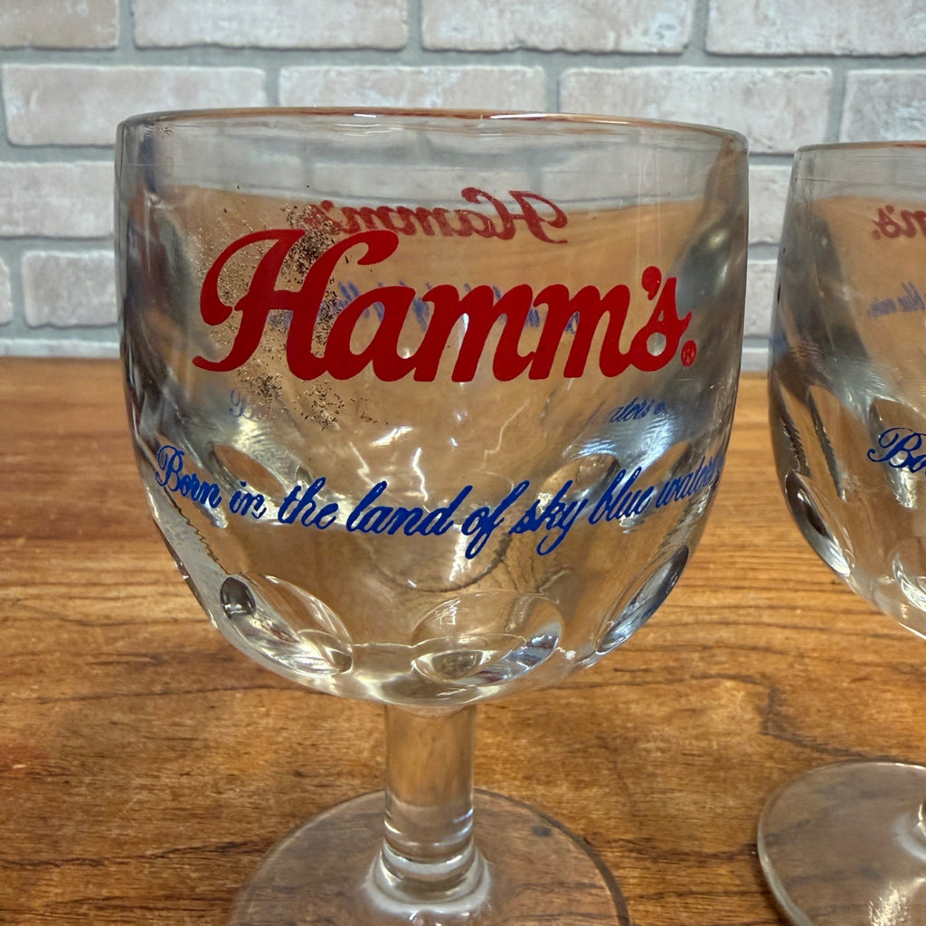Vintage Pair Hamm’s Beer Goblet Thumbprint Heavy Stemmed Schooner Glass 6" Barware