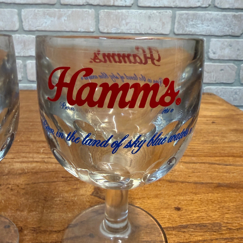 Vintage Pair Hamm’s Beer Goblet Thumbprint Heavy Stemmed Schooner Glass 6" Barware