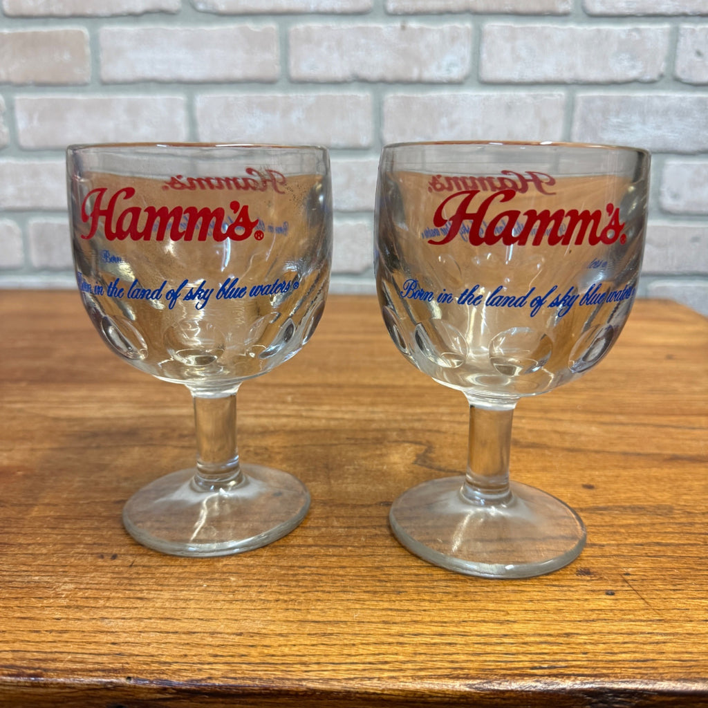 Vintage Pair Hamm’s Beer Goblet Thumbprint Heavy Stemmed Schooner Glass 6" Barware