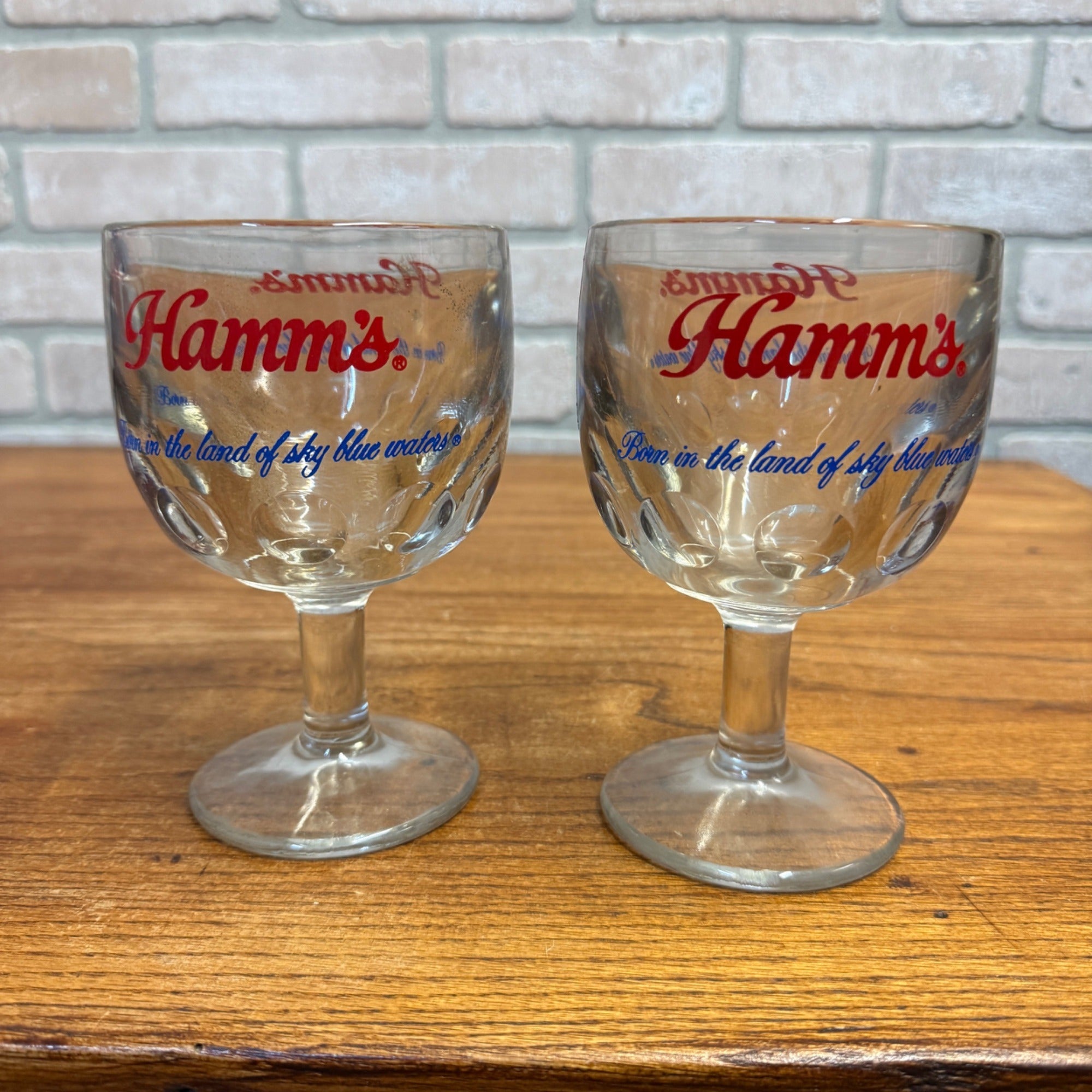 Vintage Pair Hamm’s Beer Goblet Thumbprint Heavy Stemmed Schooner Glass 6" Barware
