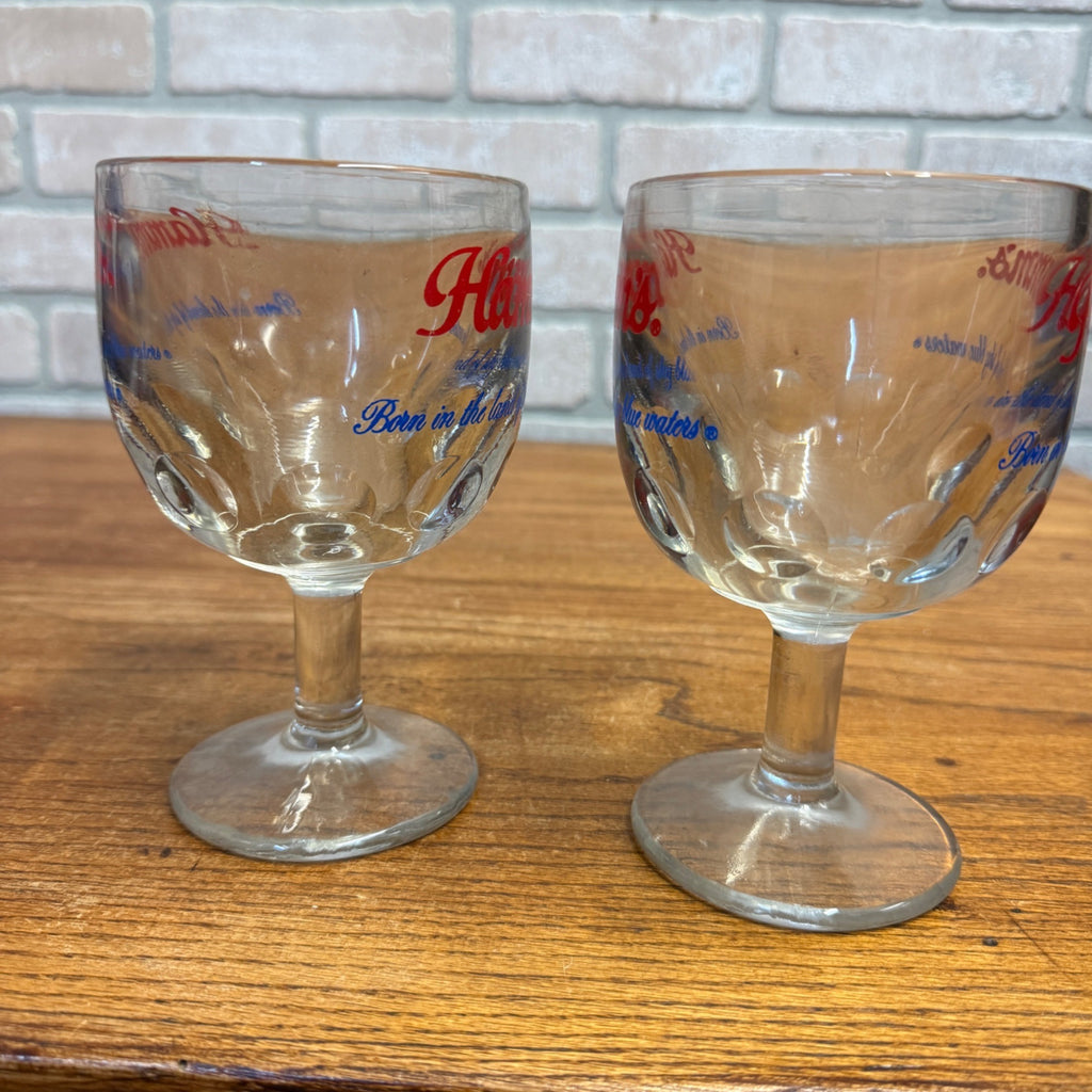 Vintage Pair Hamm’s Beer Goblet Thumbprint Heavy Stemmed Schooner Glass 6" Barware