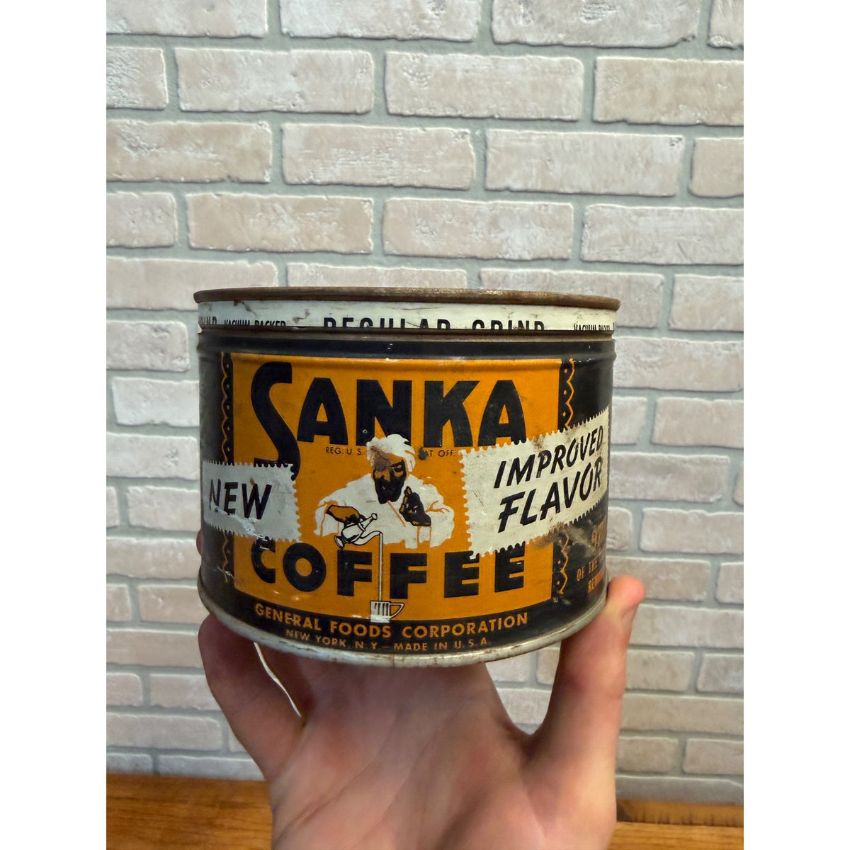 Vintage SANKA 1lb Coffee Can Tin Litho Advertising Black Orange Halloween Color